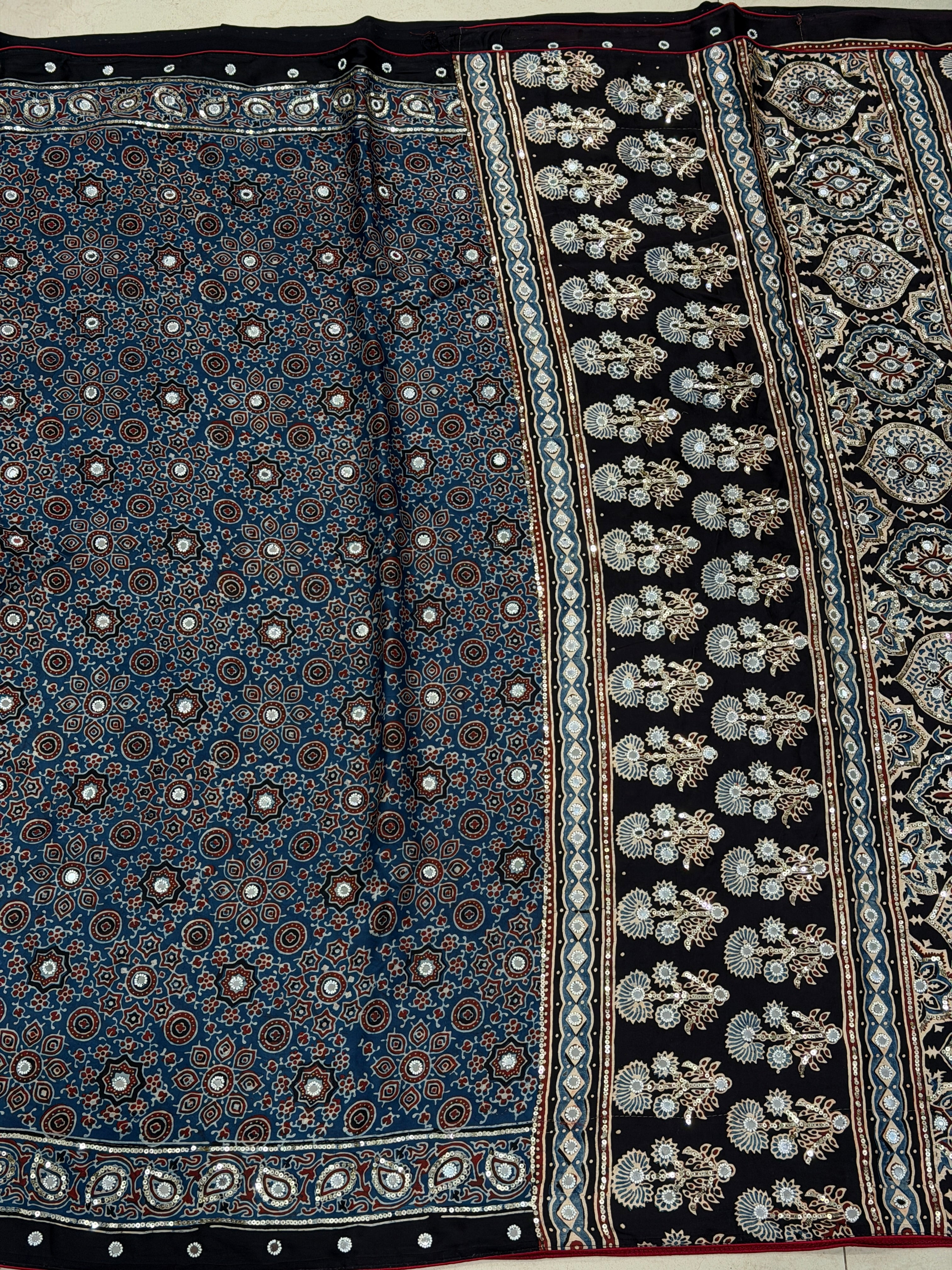 Blue Ajrakh Jaal Moti Sequin Ajrakh Hand Embroidery Saree