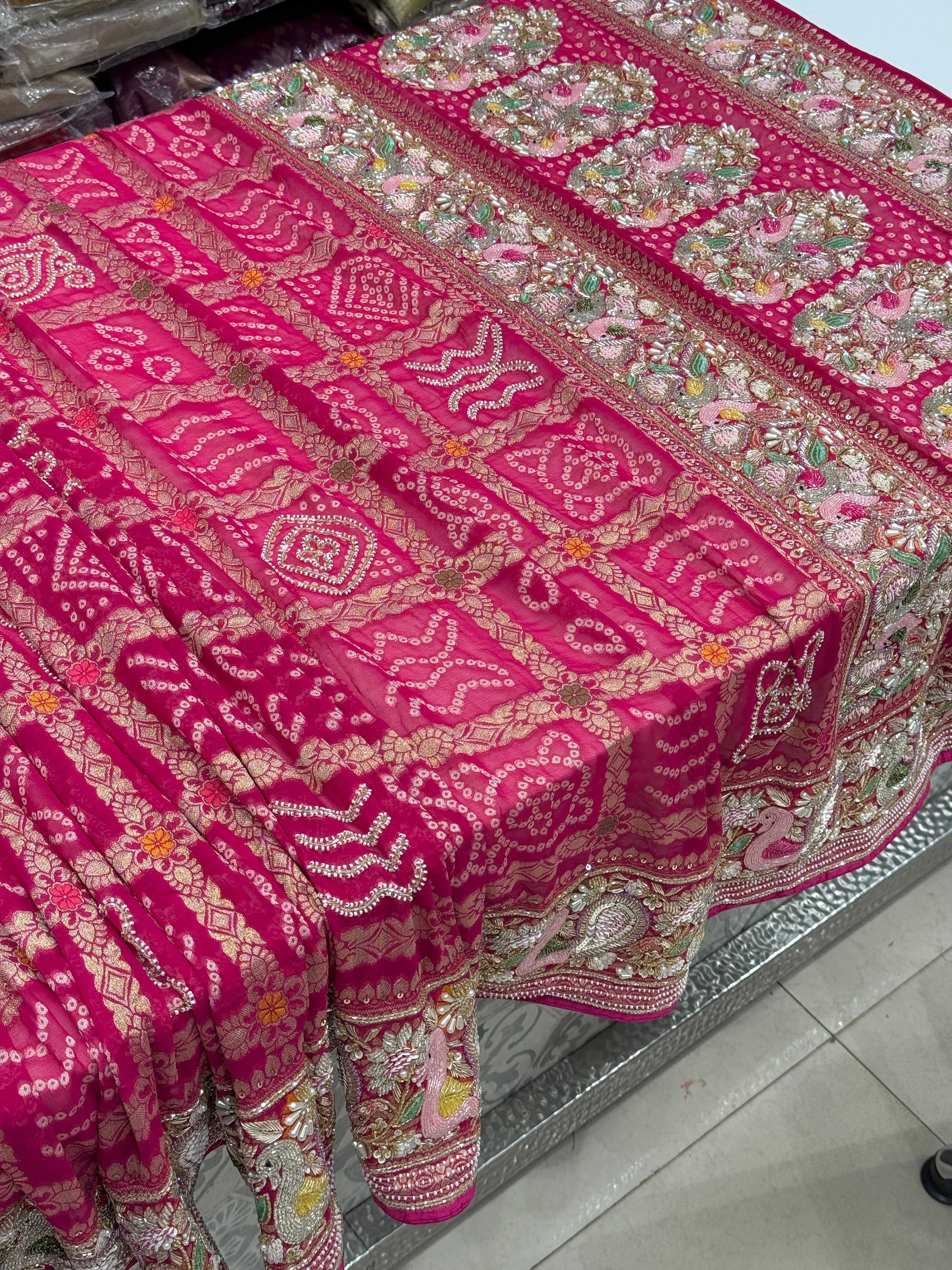 Rani Gharchola Moti Sequin Zardosi Hand Embroidery Georgette Saree