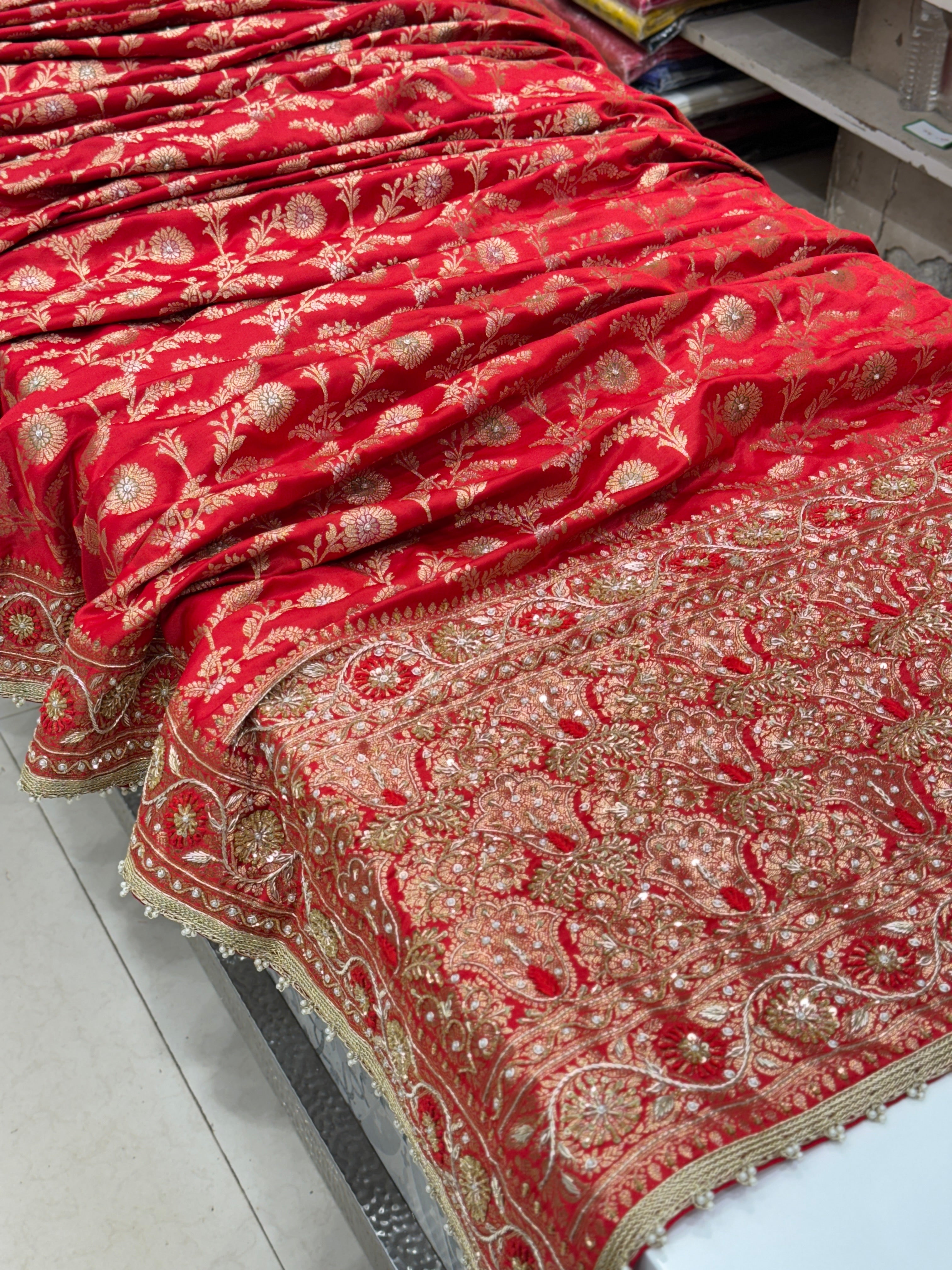 Red Banarasi Hand Embroidery Silk Saree