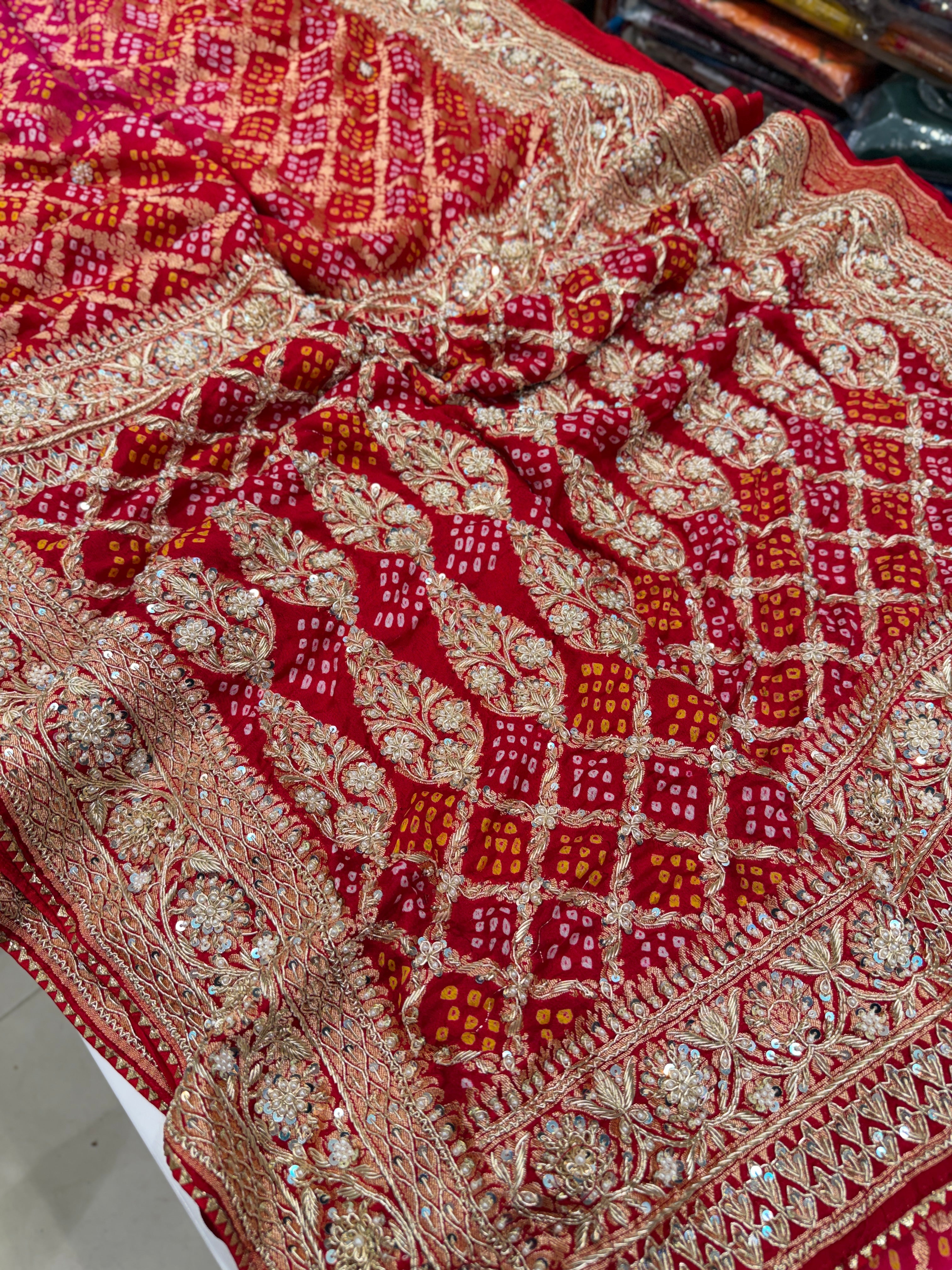 Red Rani Shaded Bandhej Zardosi Hand Embroidery Georgette Saree