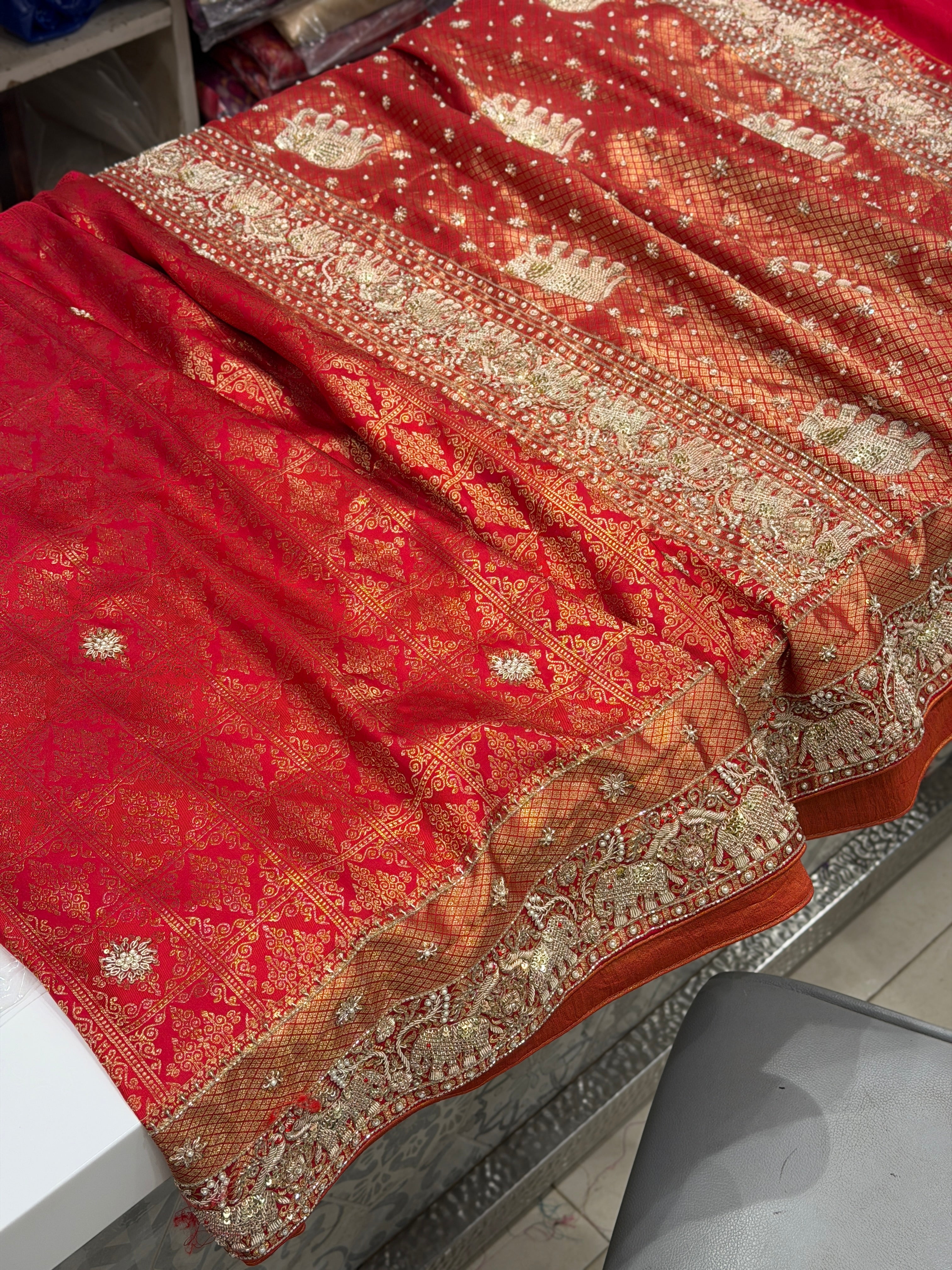 Red Pure Silk Kanjivaram Elephant Motif Hand Embroidery Saree