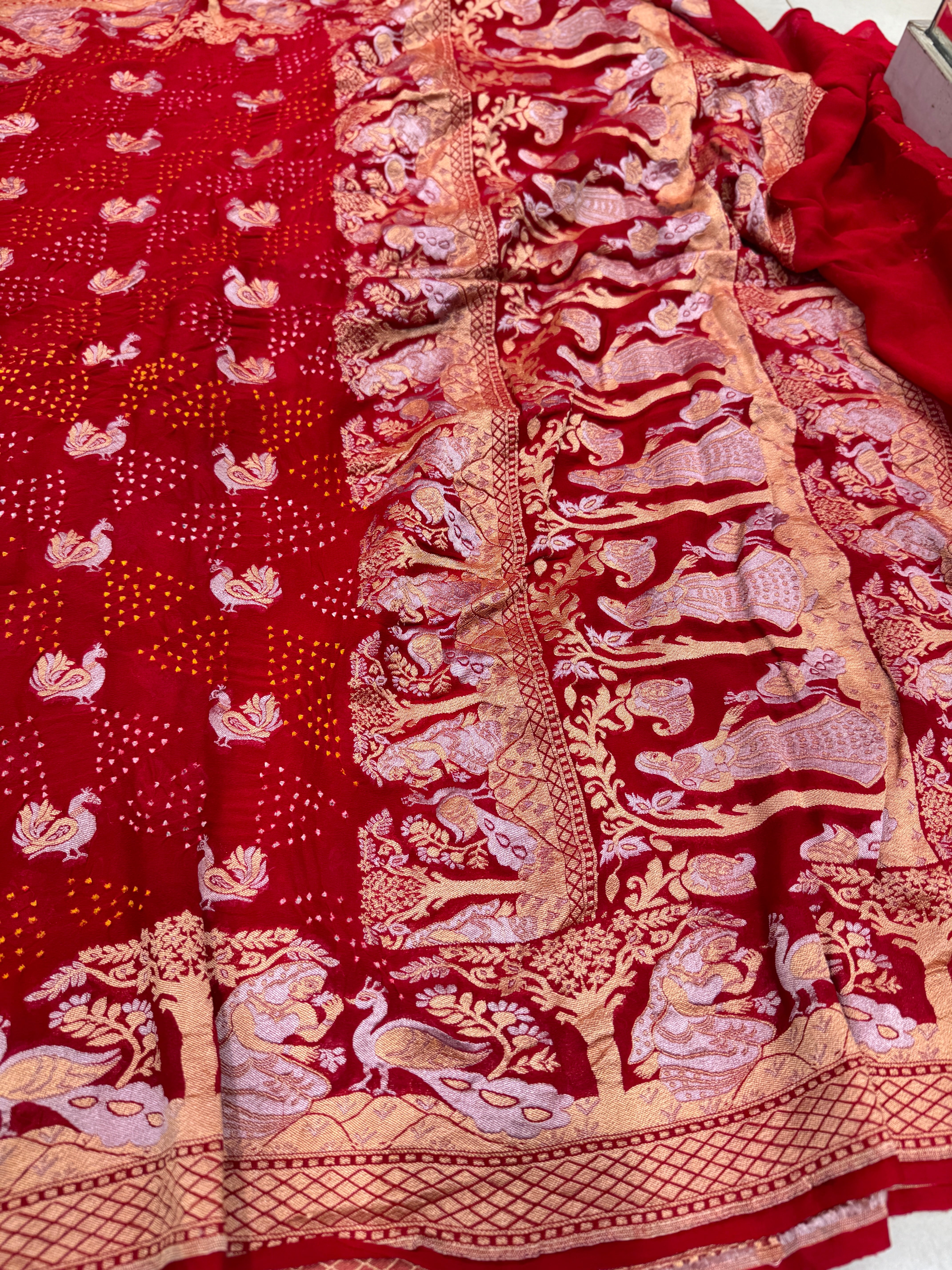 Red Sona Roopa Handmade Bandhej Saree