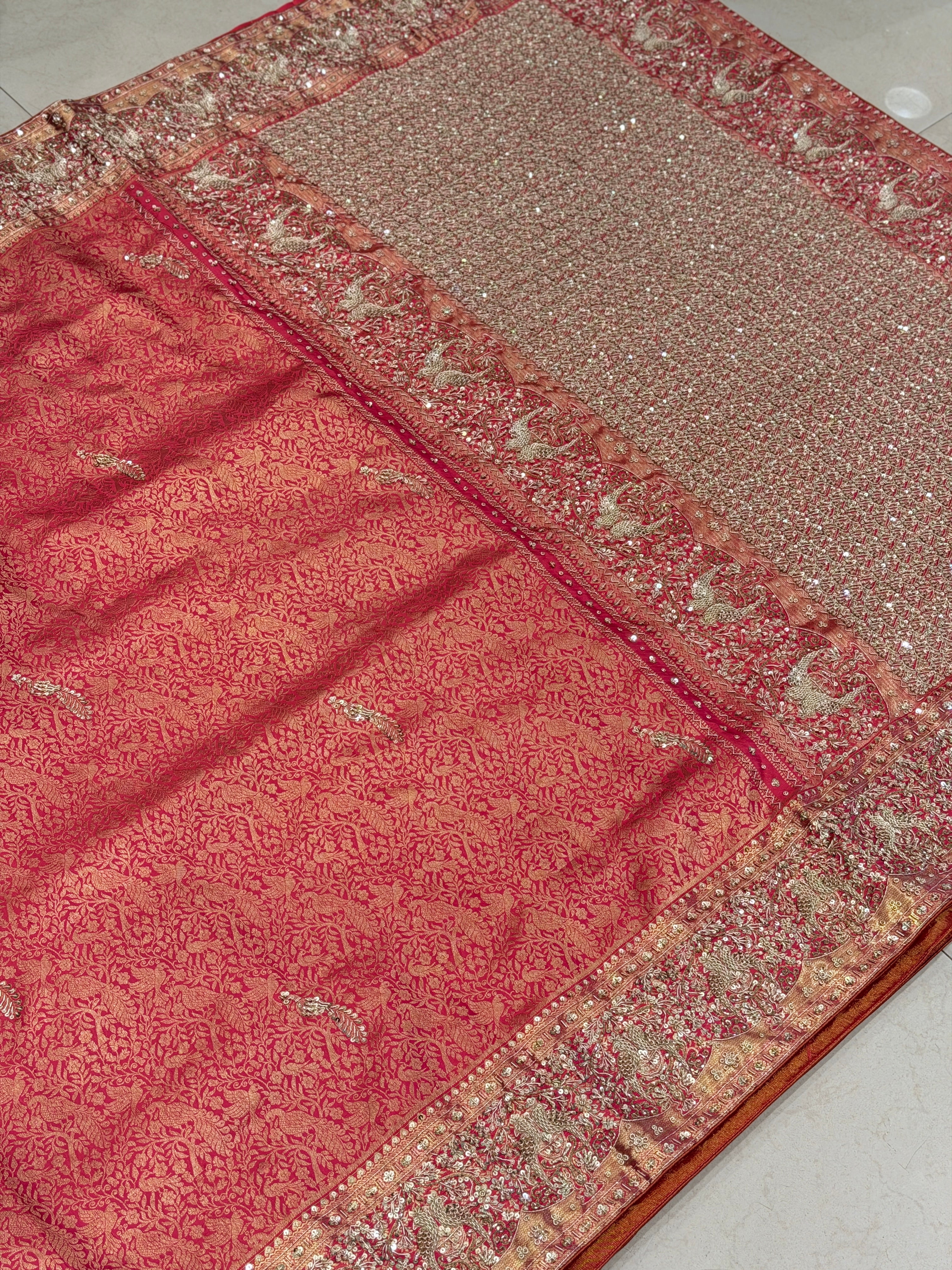 Crimson Kanjivaram Parrot Motif Hand Embroidery Zardosi Saree