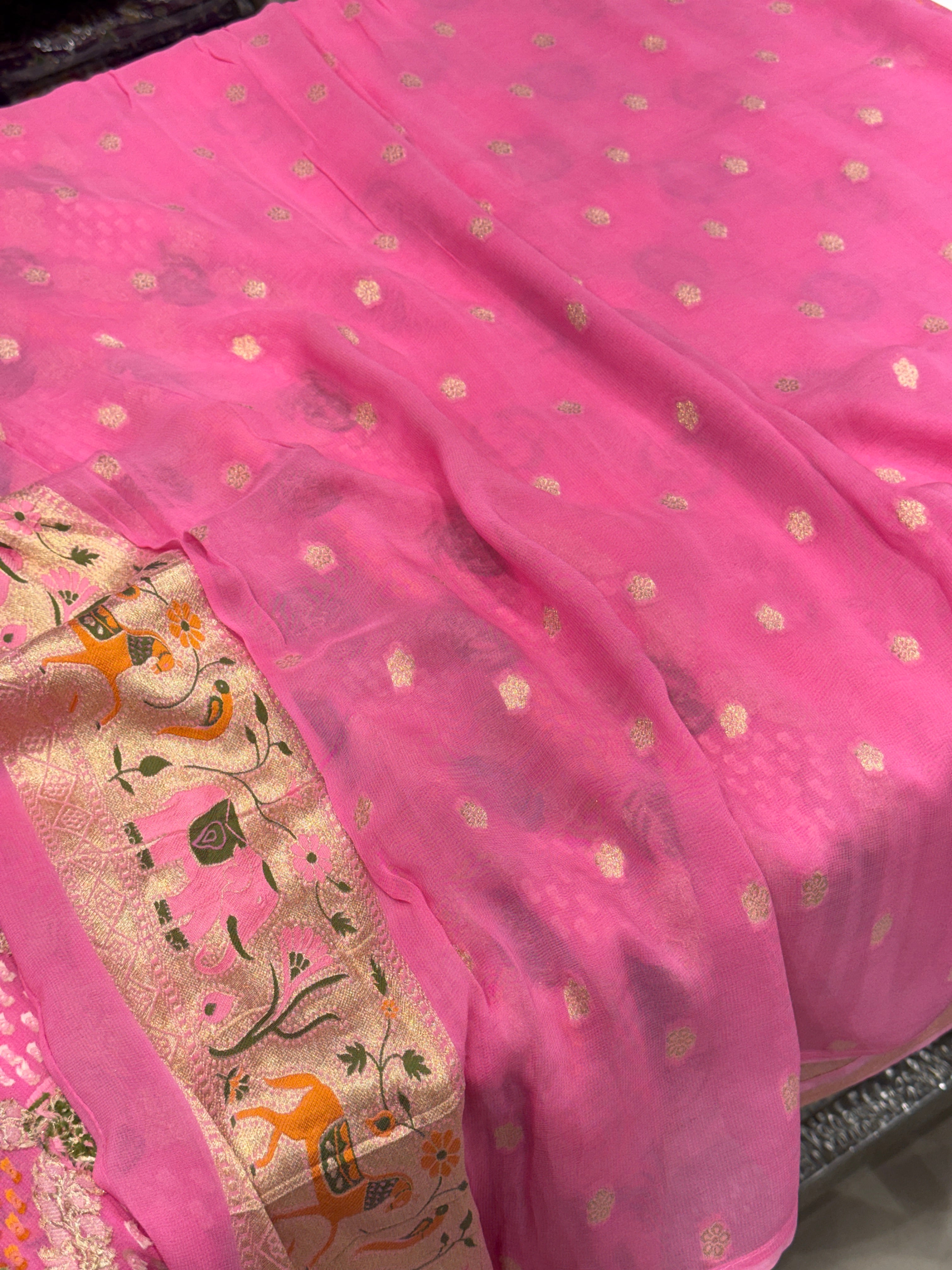 Pink Meenkari Asvah Hastin Border Woven Bandhej Saree