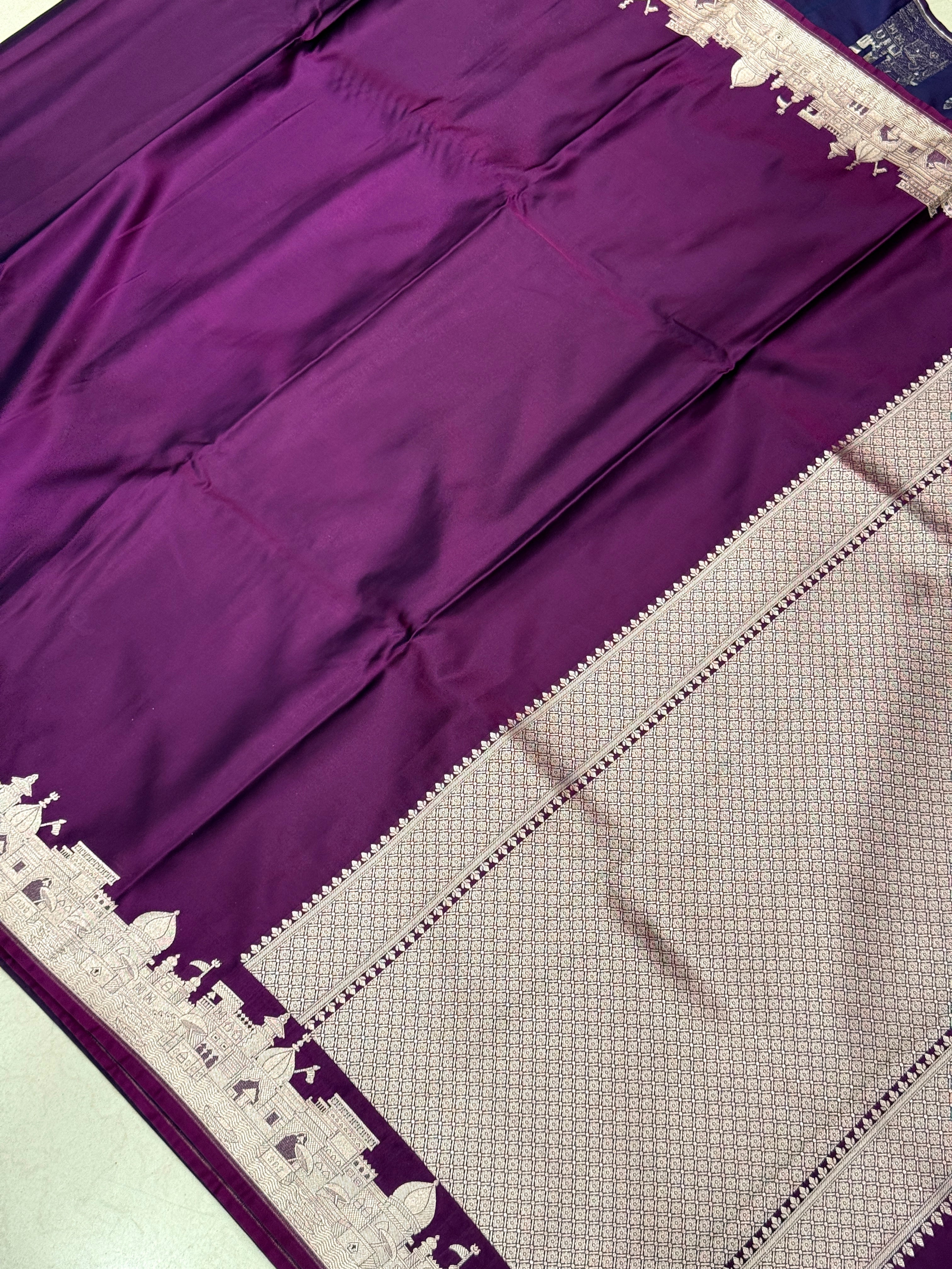 Wine Banarasi Silk Ganga Ghat Border Saree