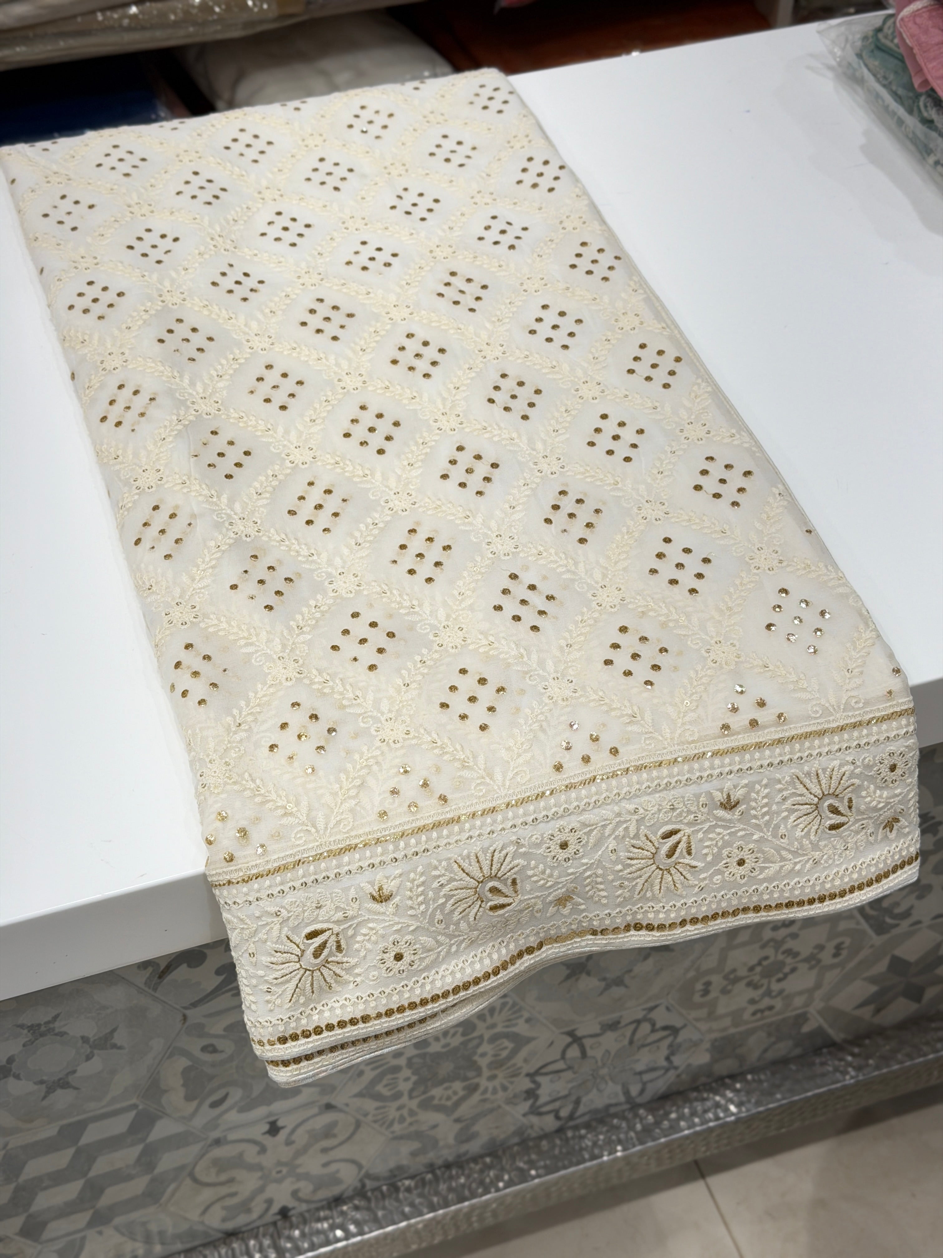 Moti White Georgette Badla Embroidery Chikankari Resham Saree