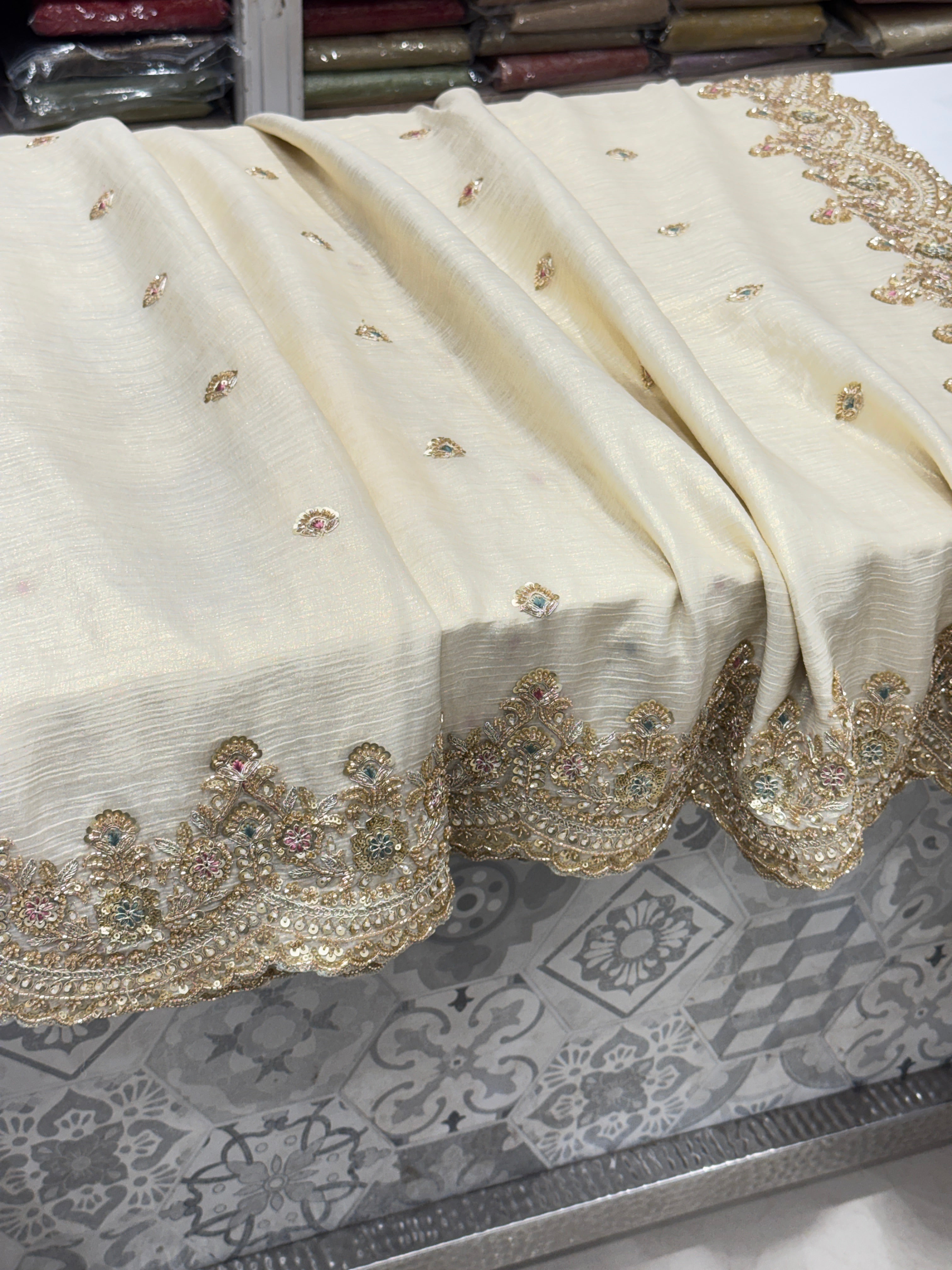 Golden Crushed Soft Tissue Zari Cutdana Embroidered Saree