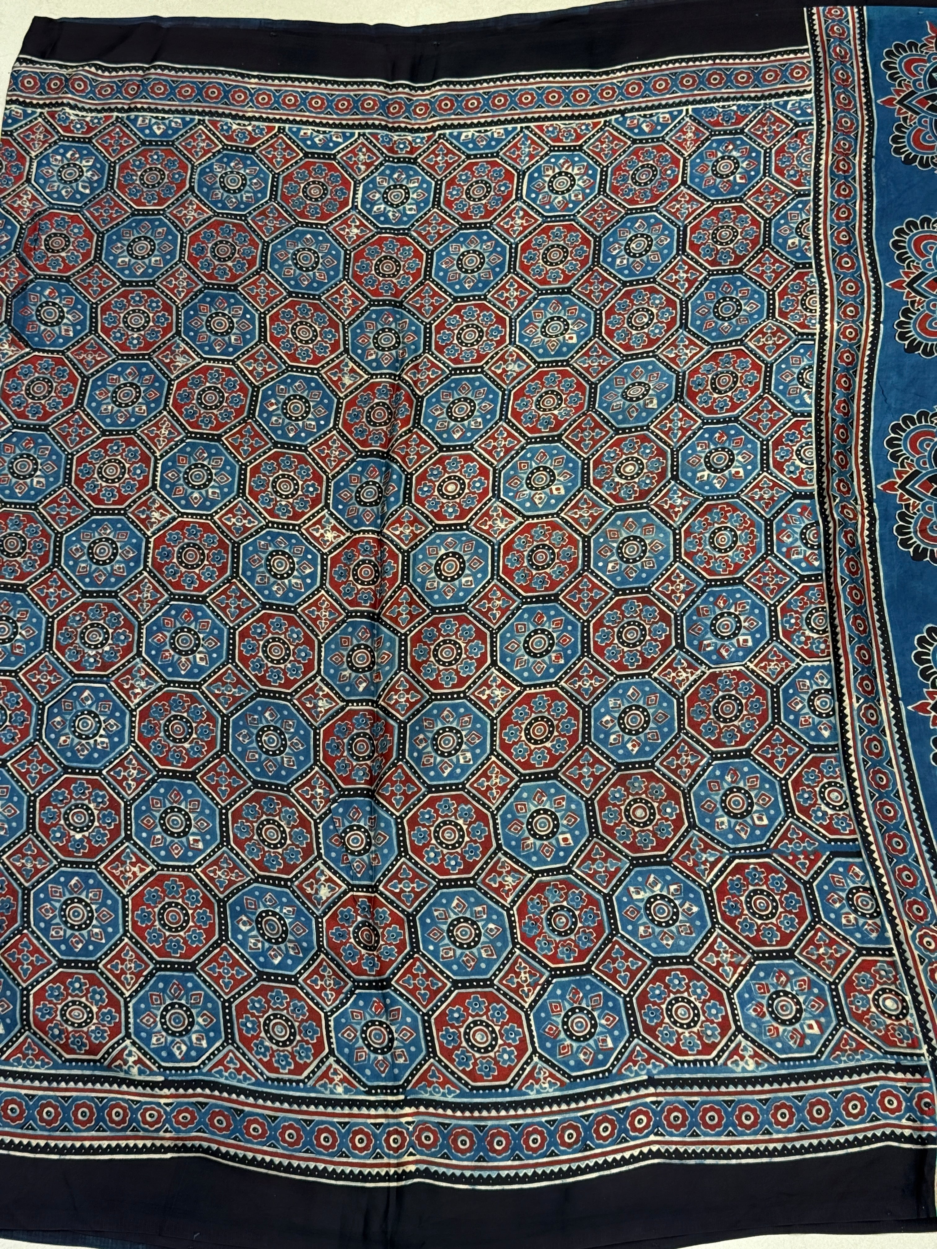 Blue Checkered Jewelled Jaal Ajrakh Saree