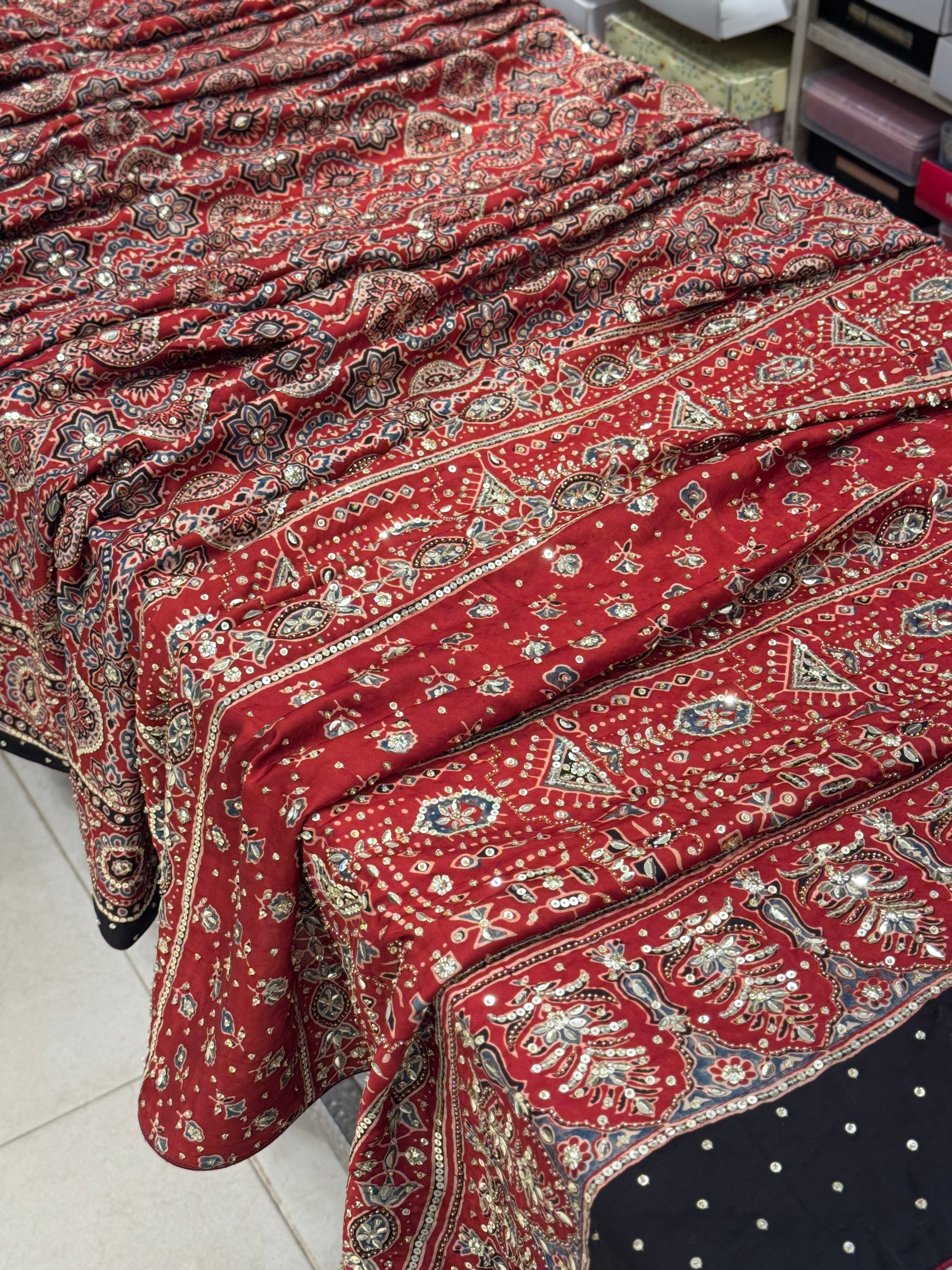 Red Ajrakh Badam Buttas Sequin Moti Hand Embroidery Saree