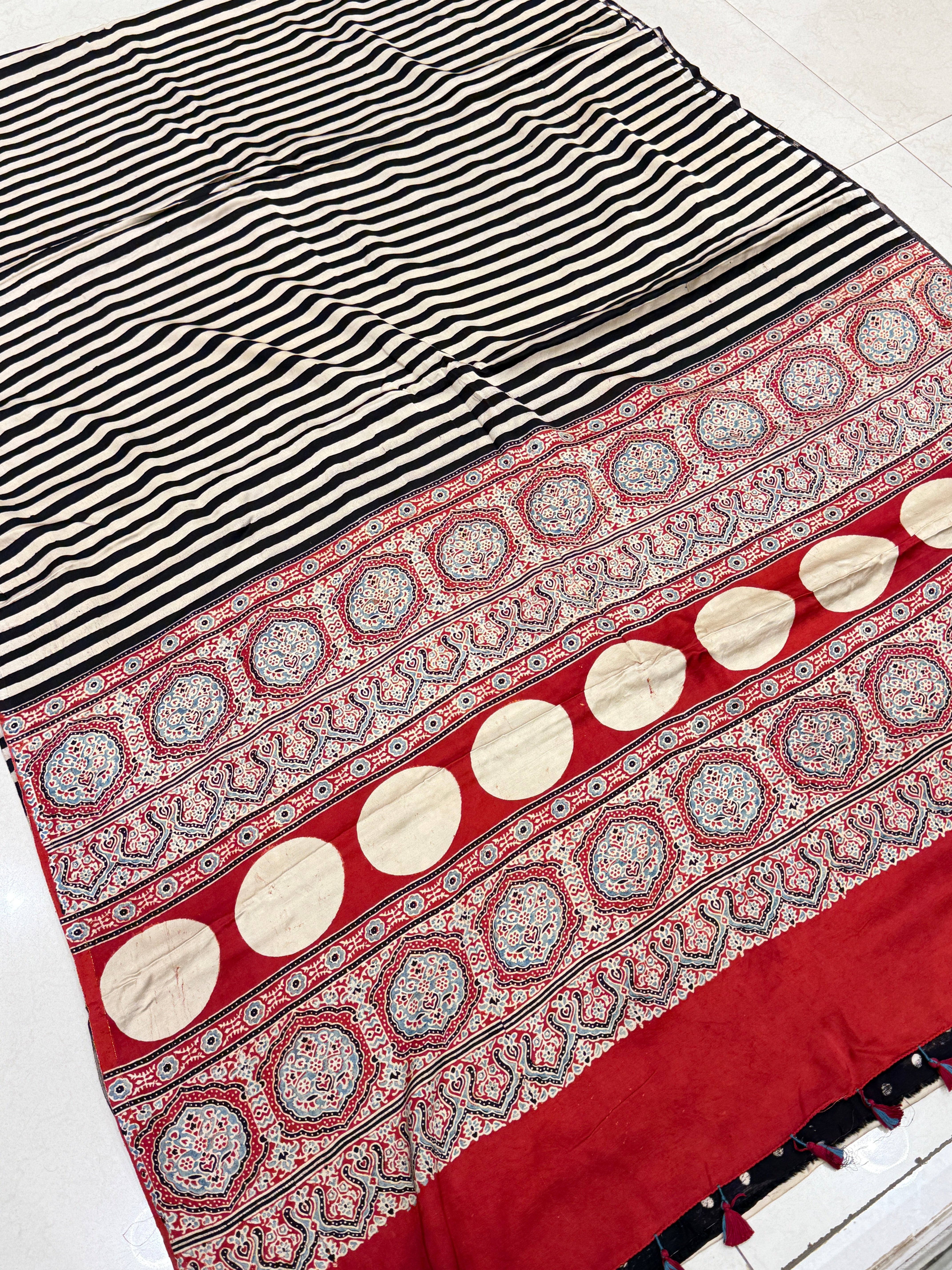 Black White Lines Contemporary Ajrakh Saree