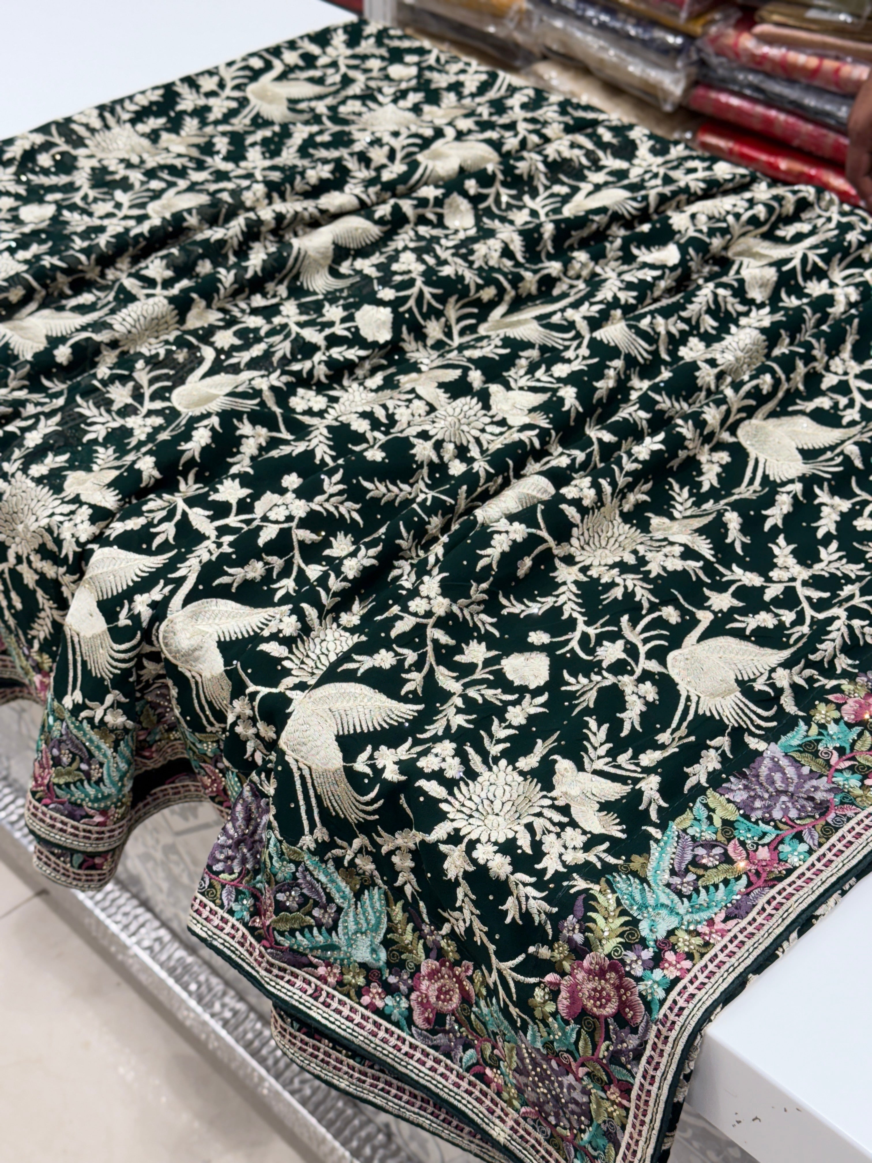 Bottle Green Parsi Gara with Stone Work