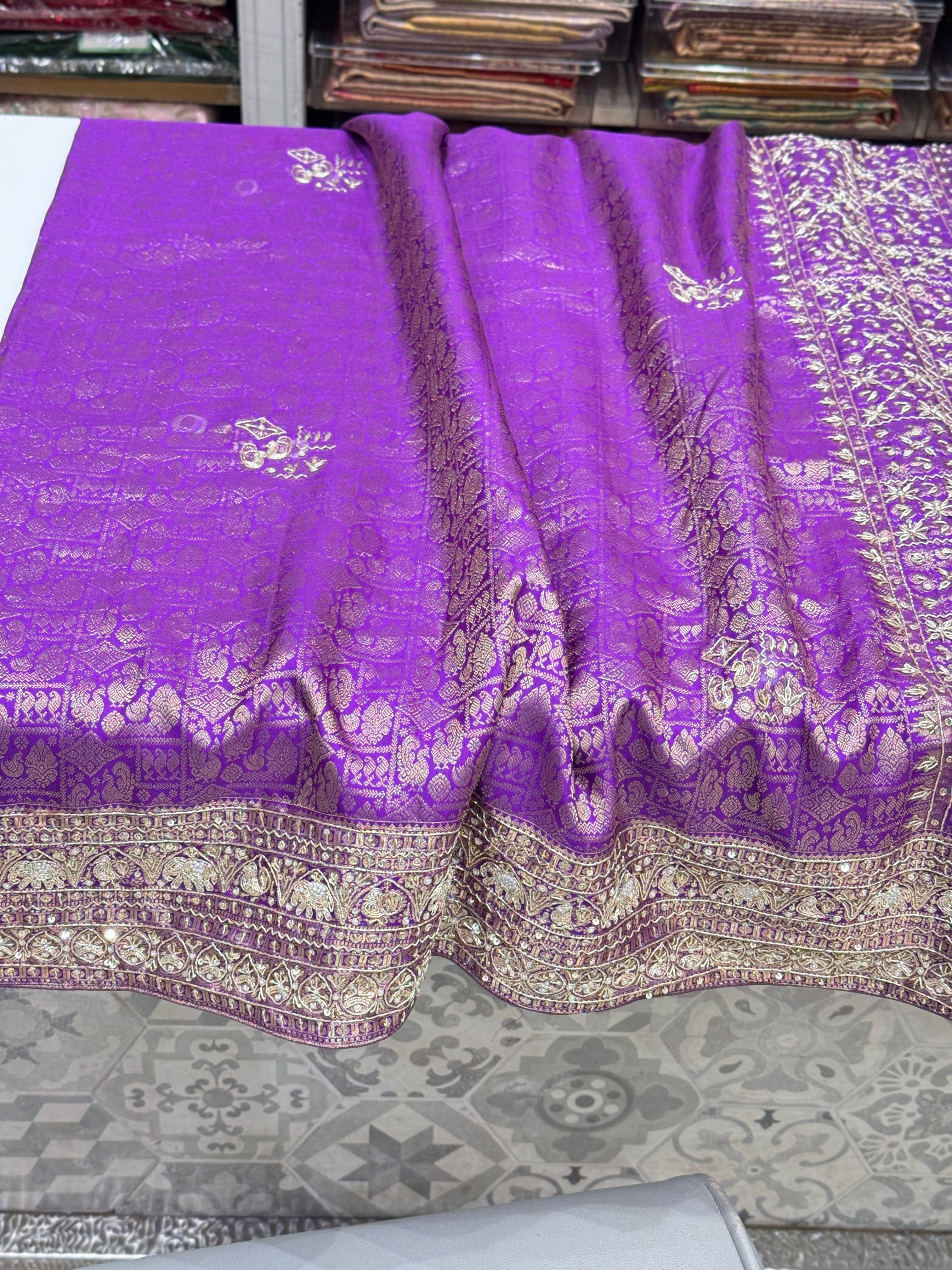 Violet Kanjivaram Peacock Motif Zardozi Hand Embroidery Saree