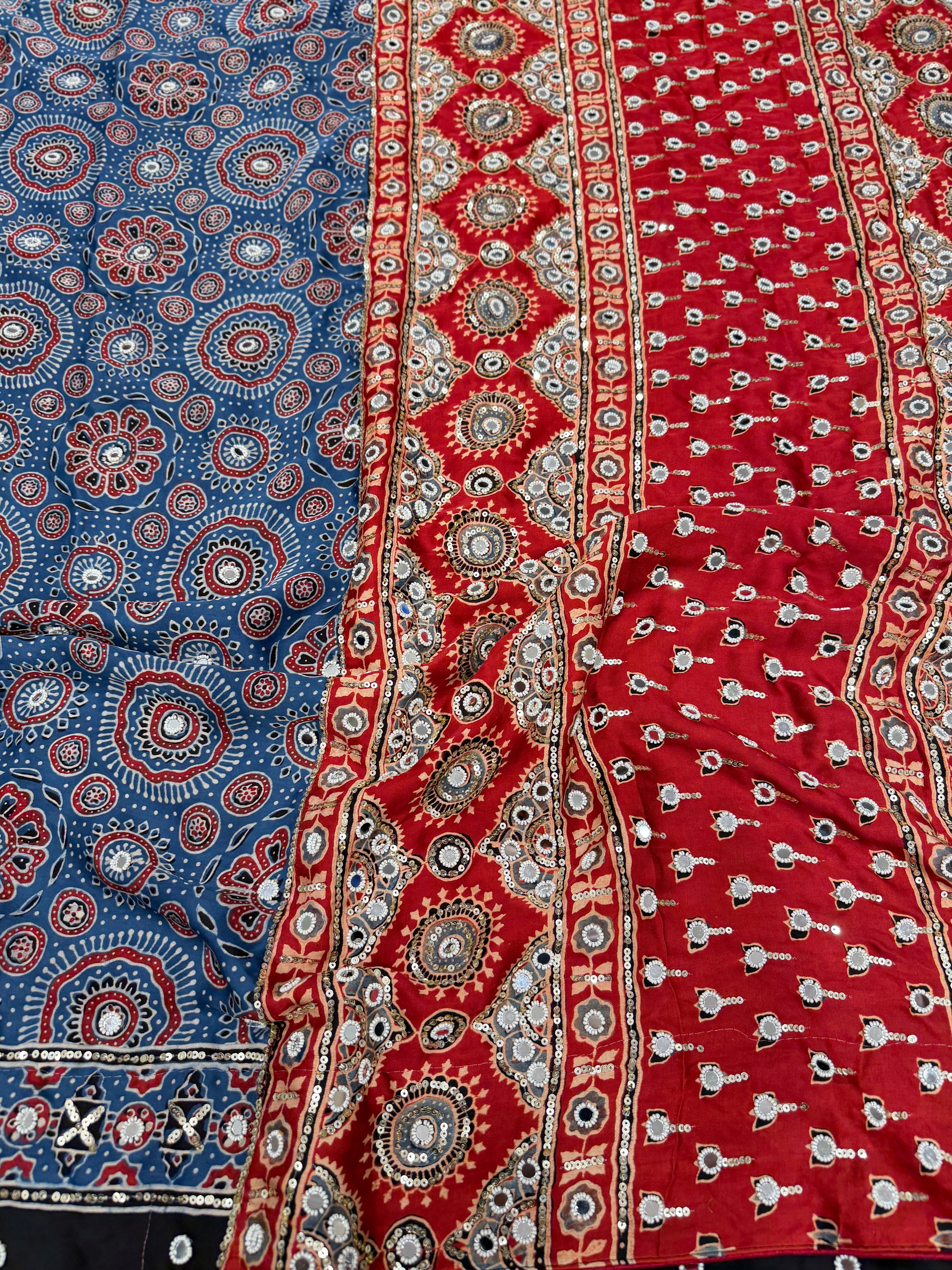 Blue Red Jaal Ajrakh Real Mirror Moti Sequin Hand Embroidery Saree