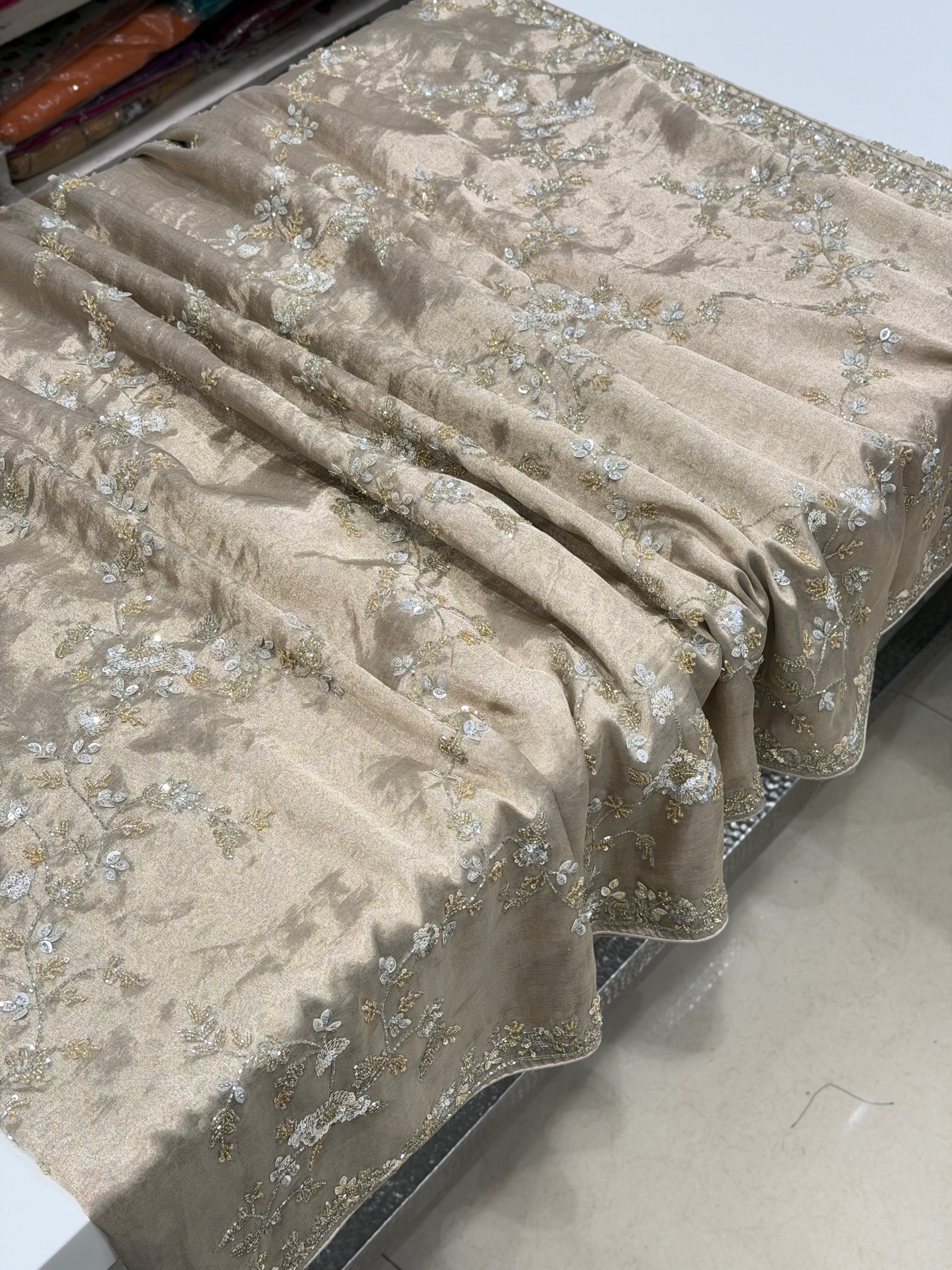 Rosegold Silver Pure Tissue Silk Sequin Moti Hand Embroidery Saree