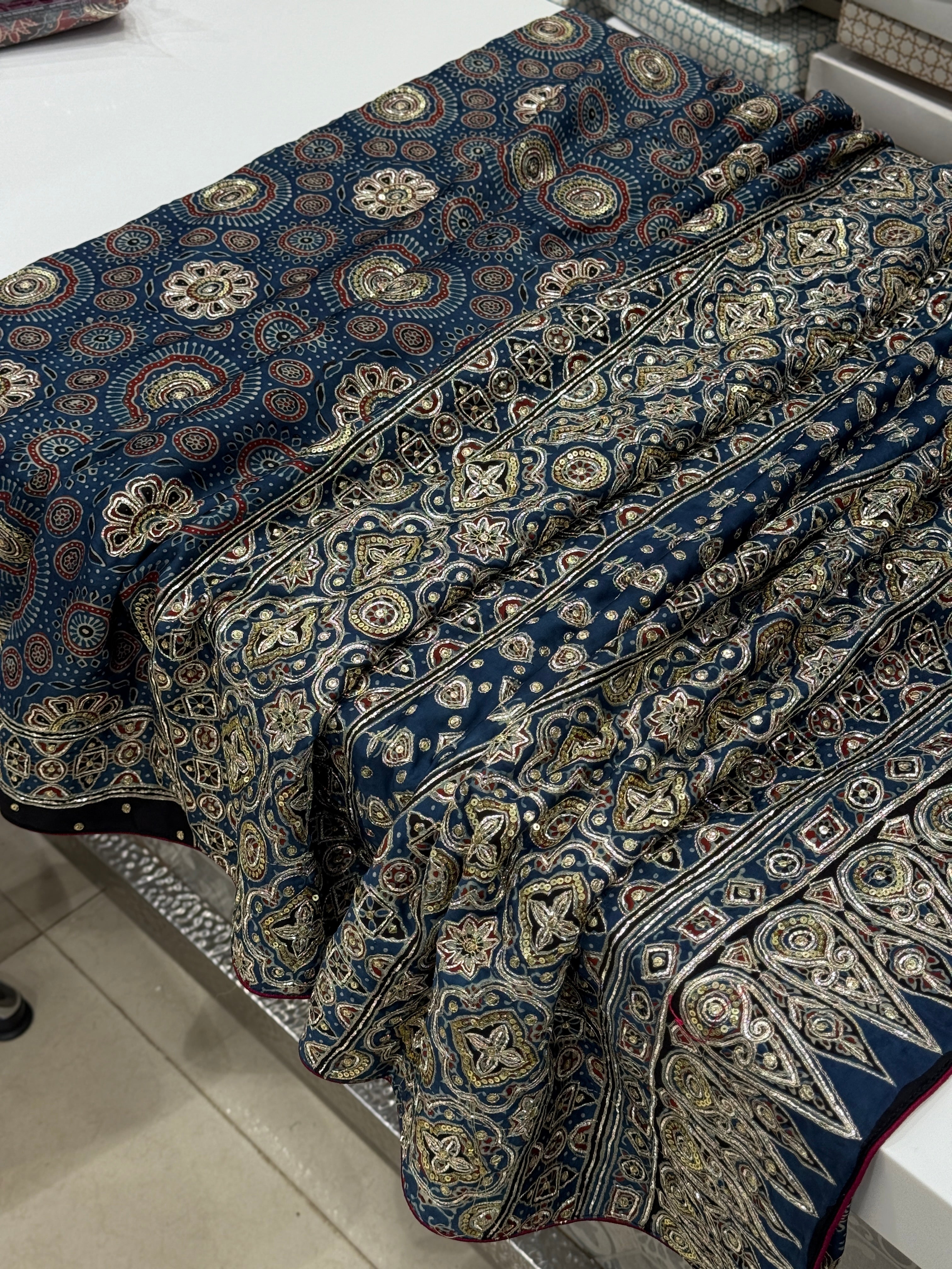 Blue Ajrakh Badam Buttas Pita Sequin Moti Hand Embroidery Saree