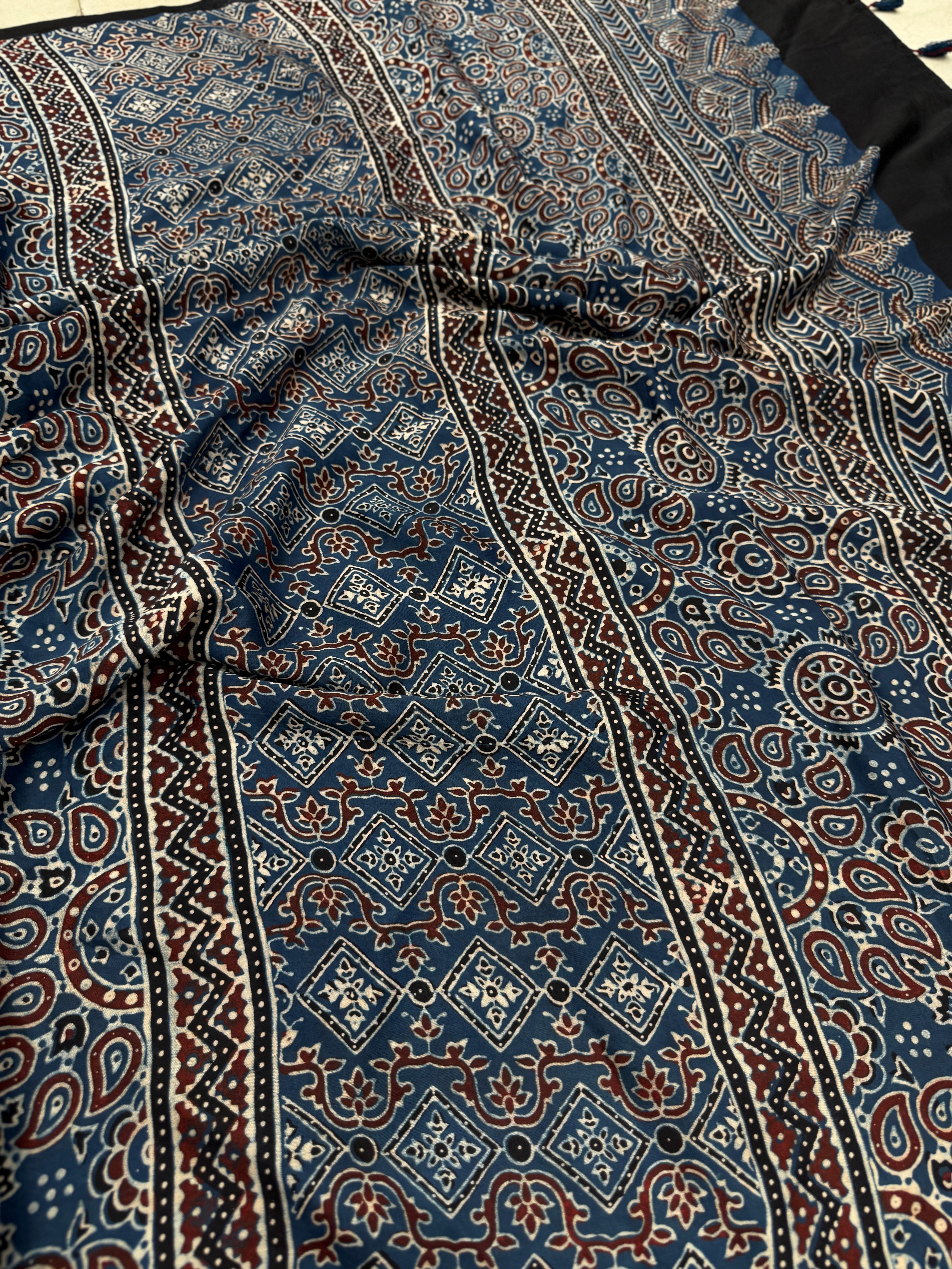 Blue Brown Ajrakh Hand Block Print Pure Gajji Silk Saree