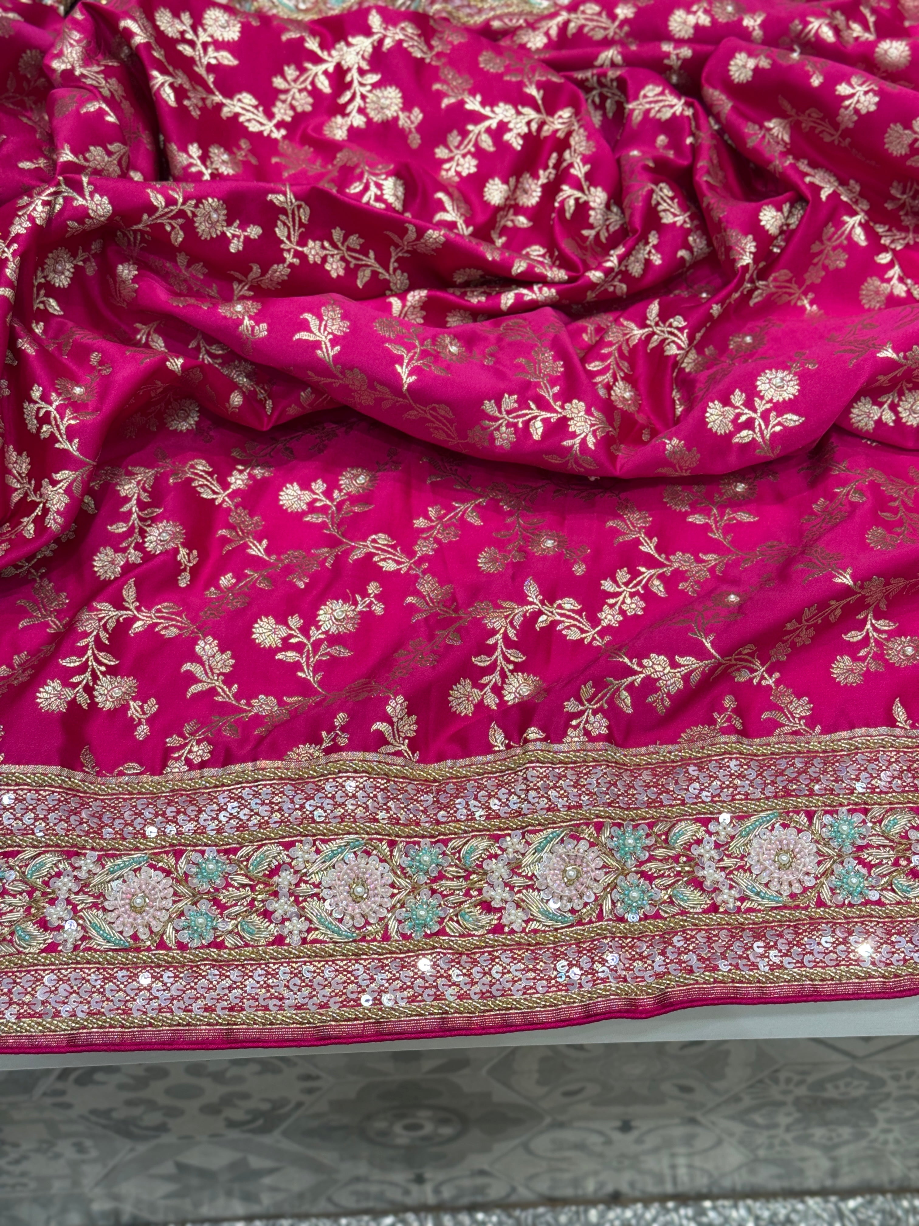 Rani Pink Banarasi Hand Embroidery Saree
