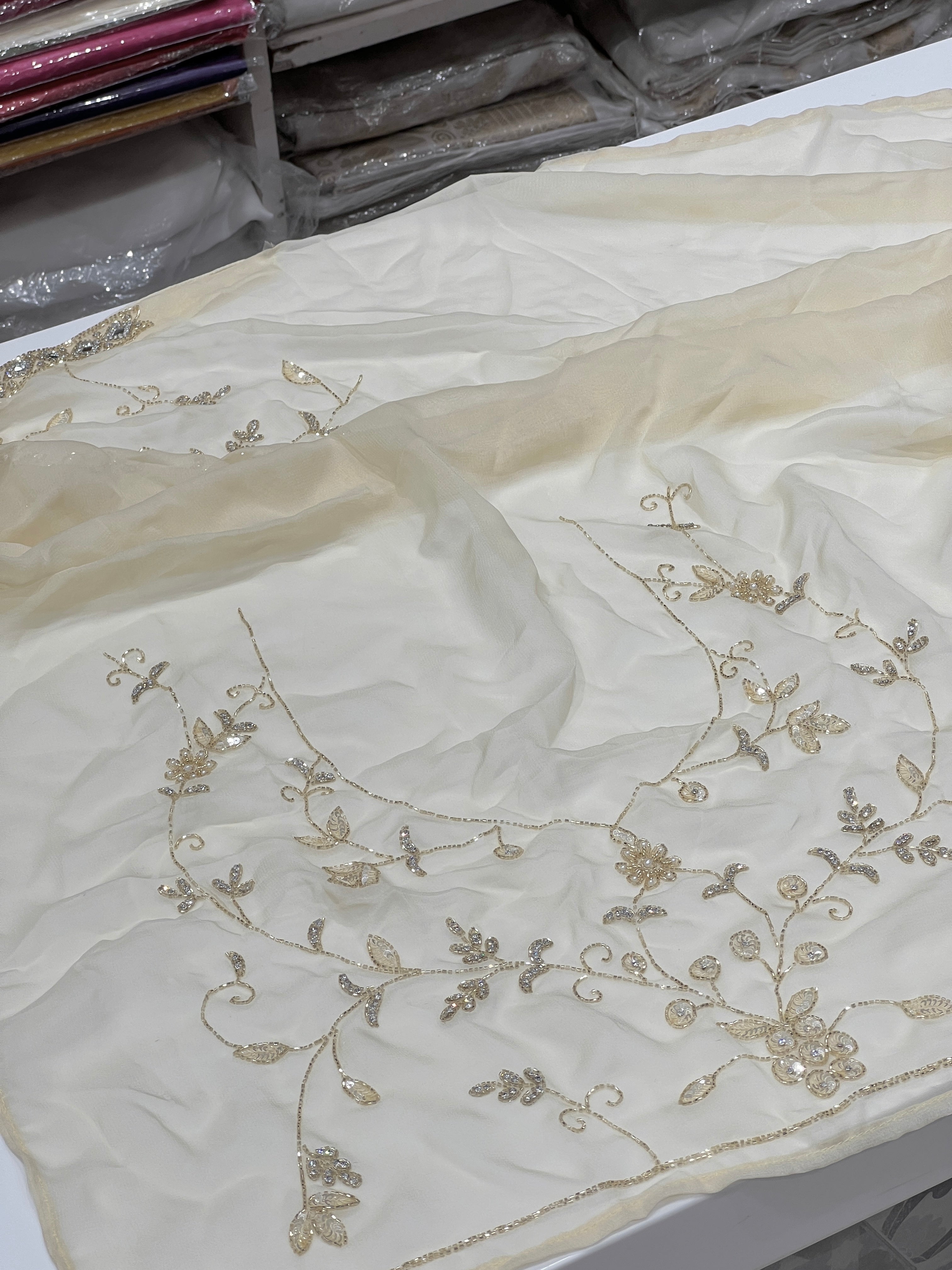 Beige Georgette Chiffon Jaal Hand Embroidery Saree