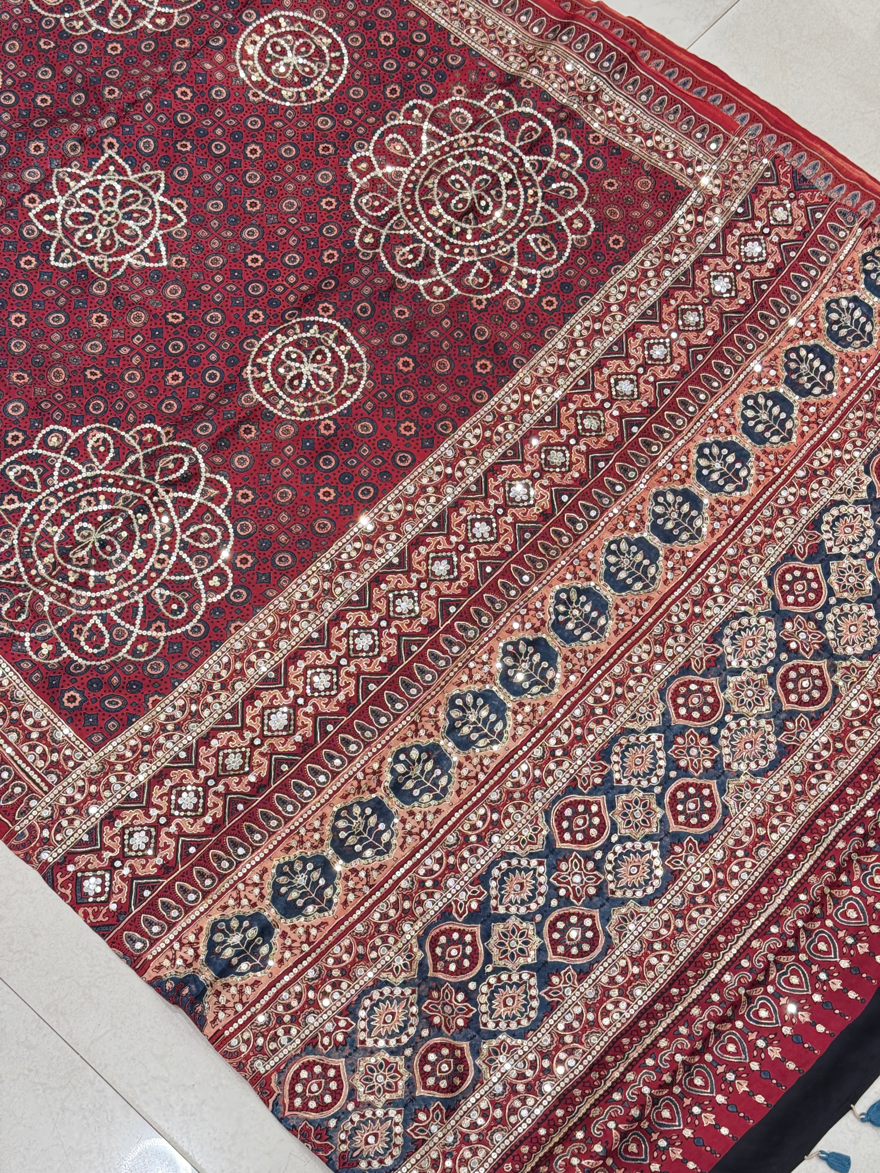 Red Alia Bhatt Inspired Hand Embroidery Ajrakh Saree