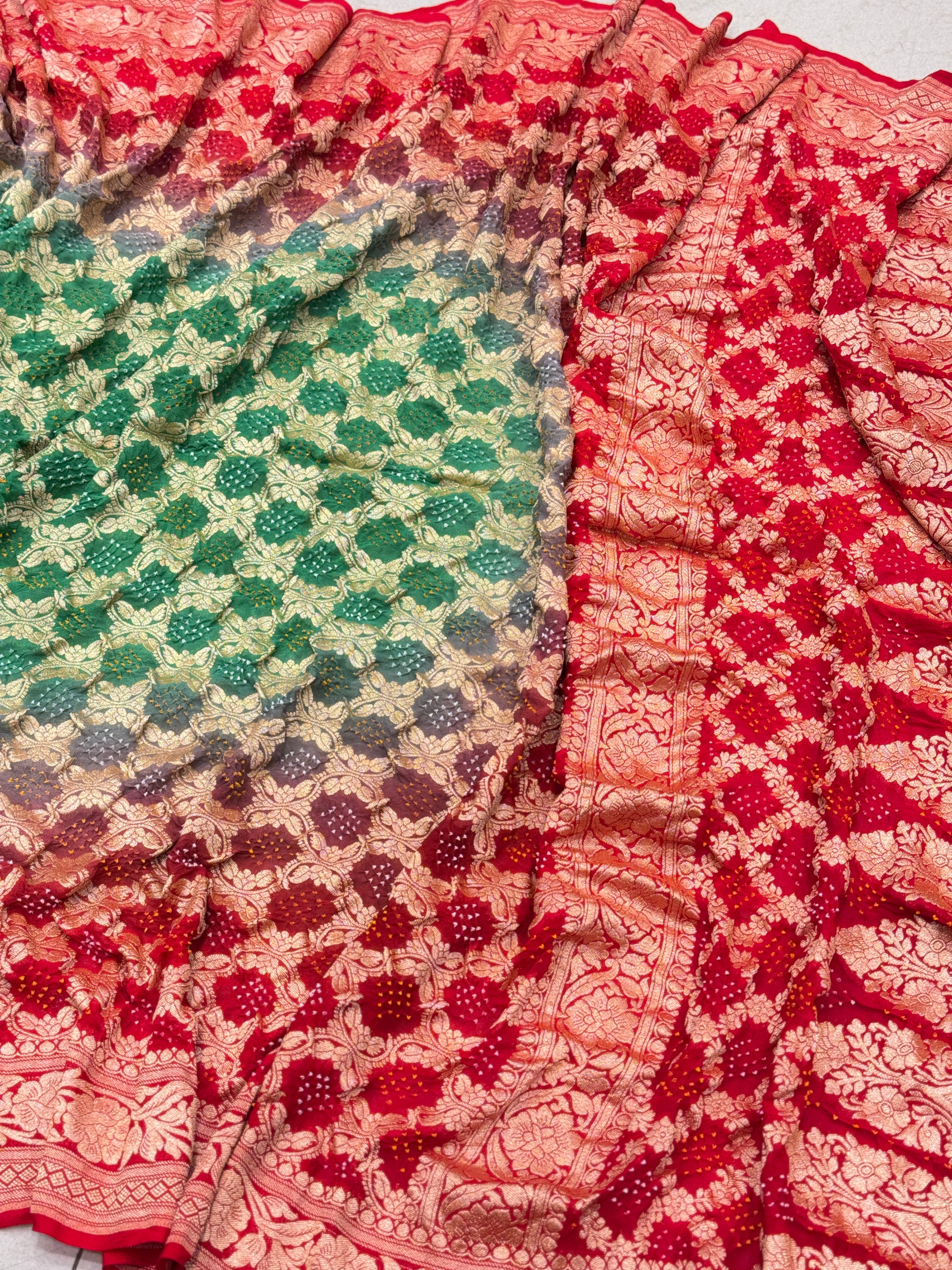 Red Green Shaded Bandhej Shaded Saree
