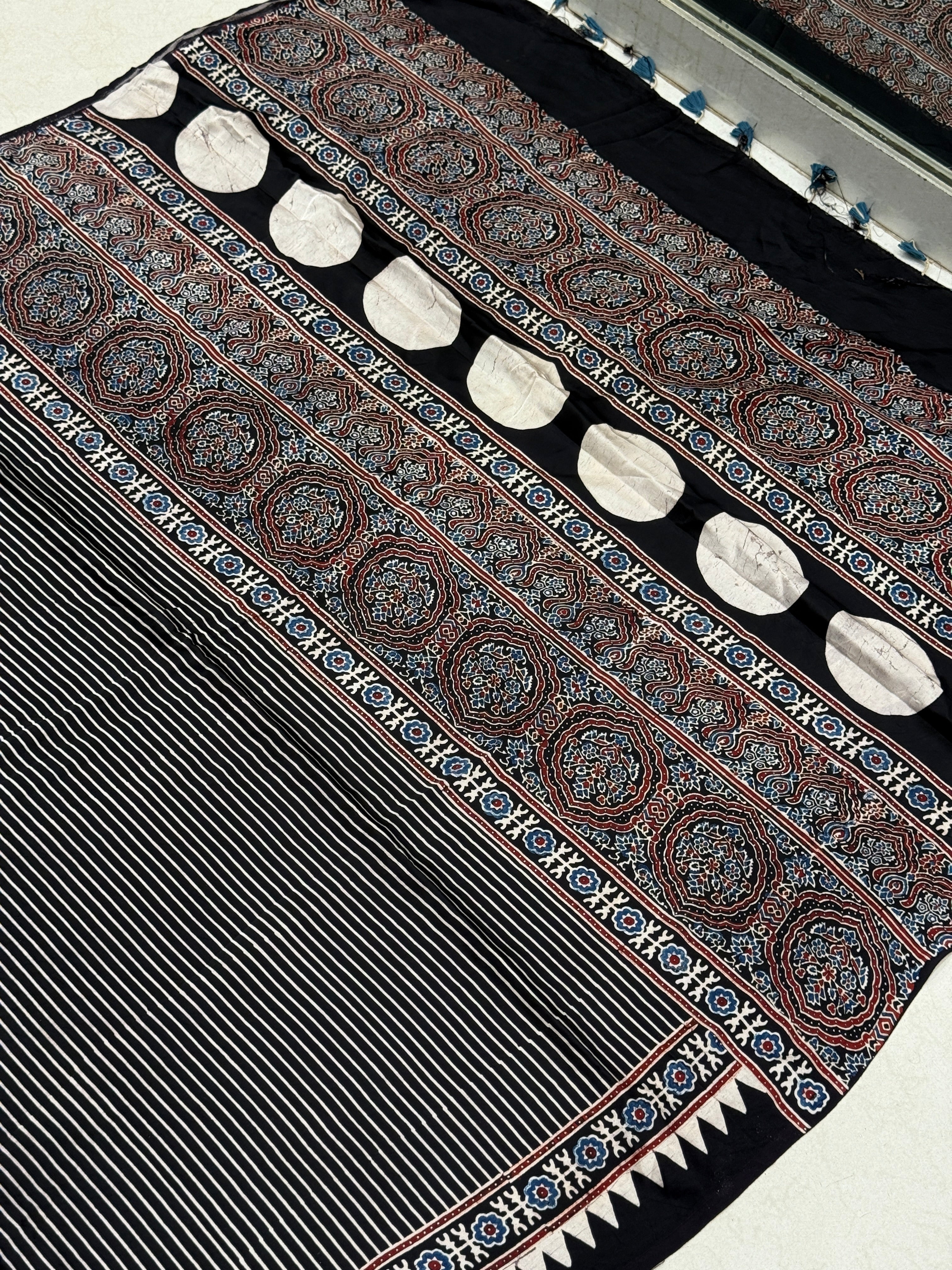 Black Contemporary Box Pallu Ajrakh Block Print Hand Pure Gajji Silk Saree