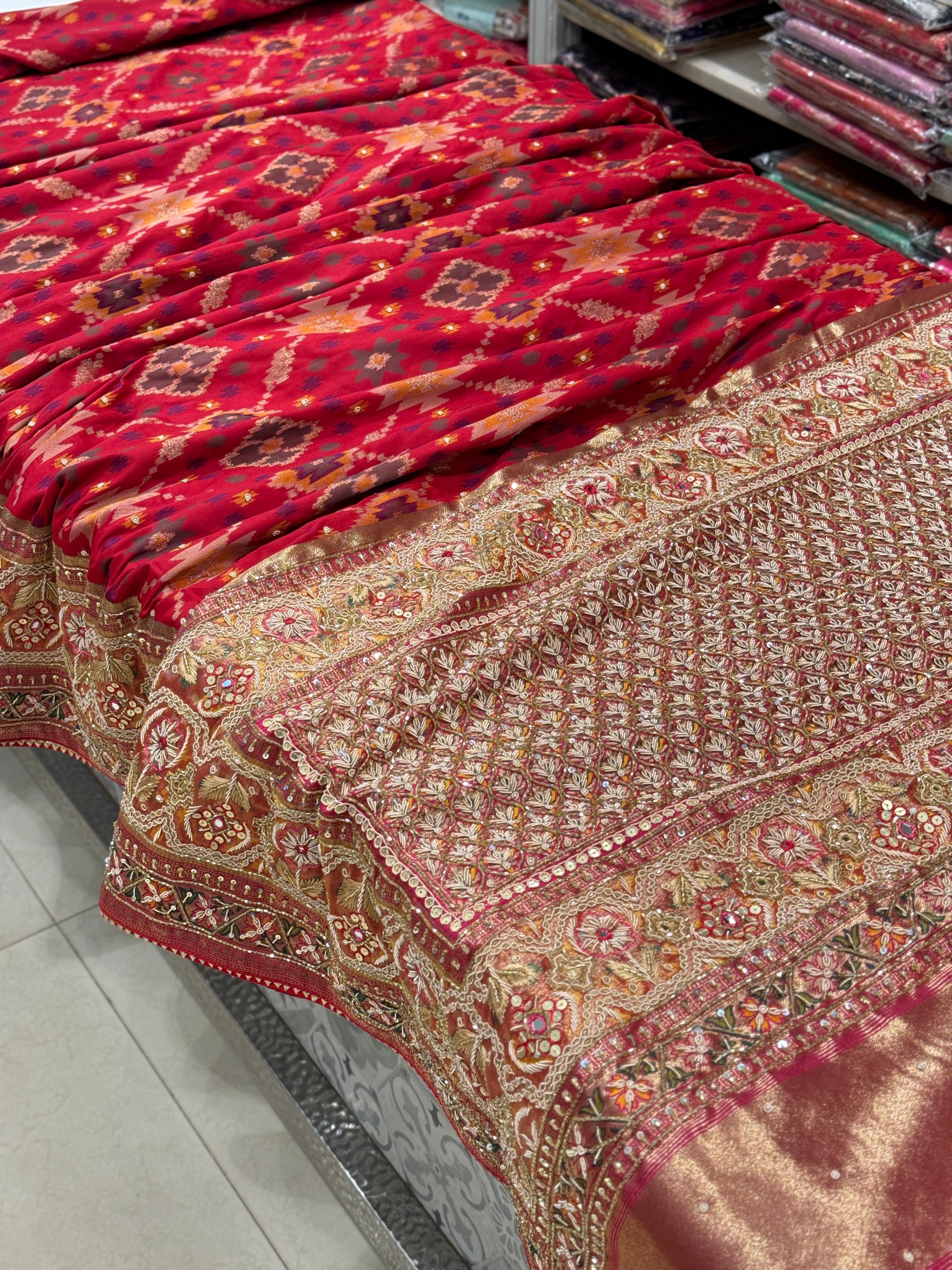 Red Patola Zardosi Embroidery Saree
