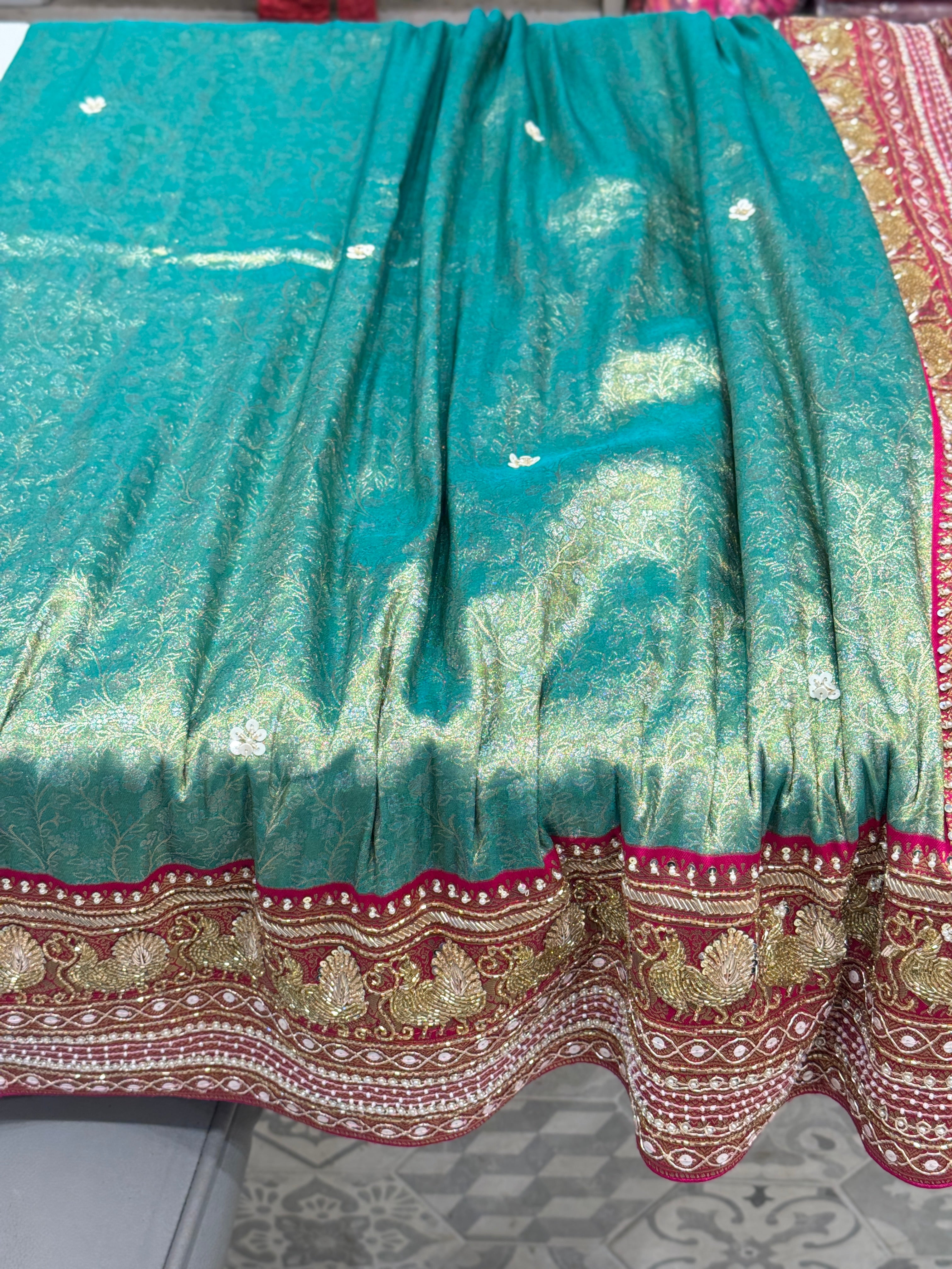 Green Rani Tissue Kanjivaram Hand Embroidery Saree