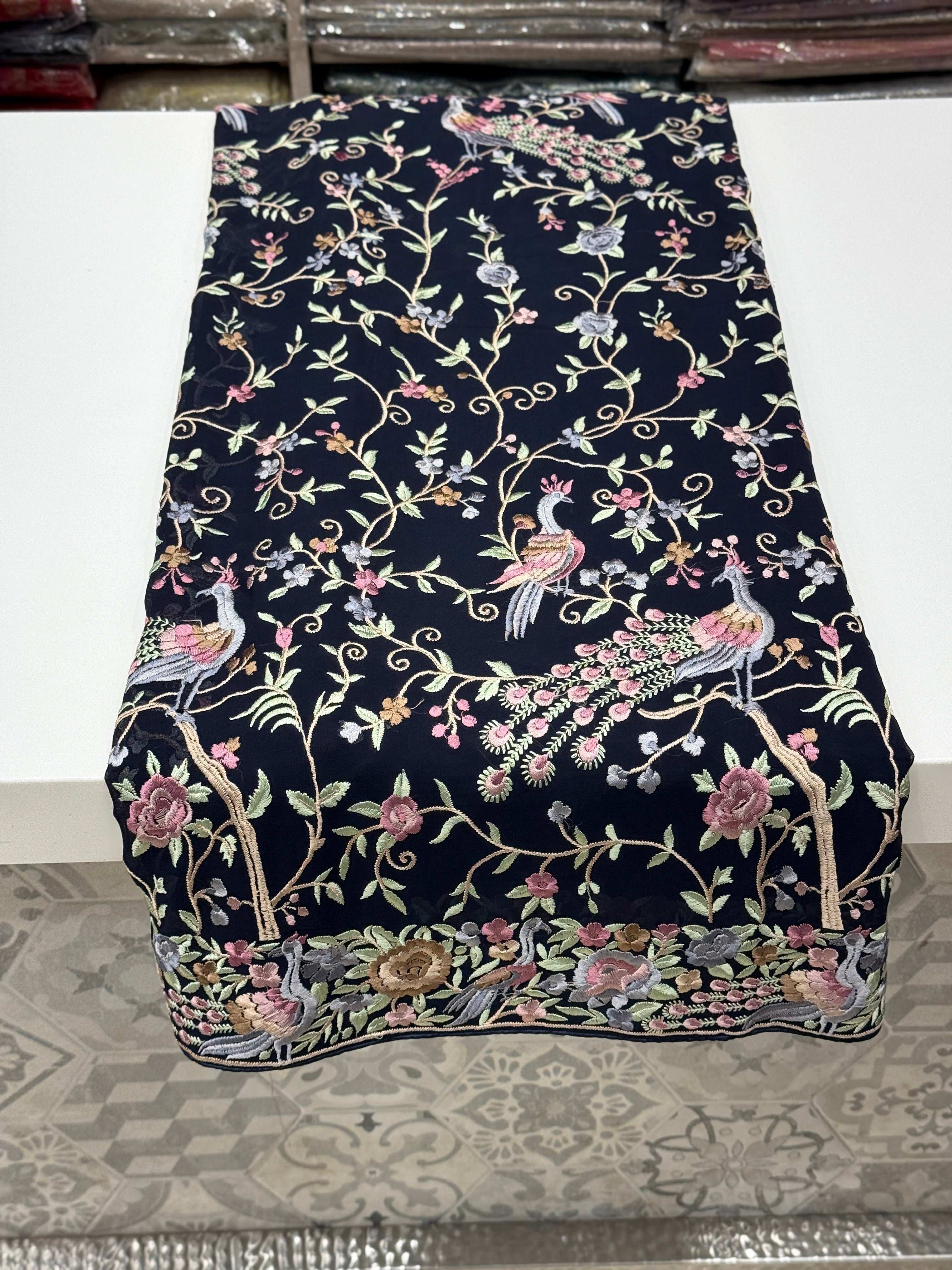 Dark Navy Blue Georgette Parsi Gara Mor Design Saree