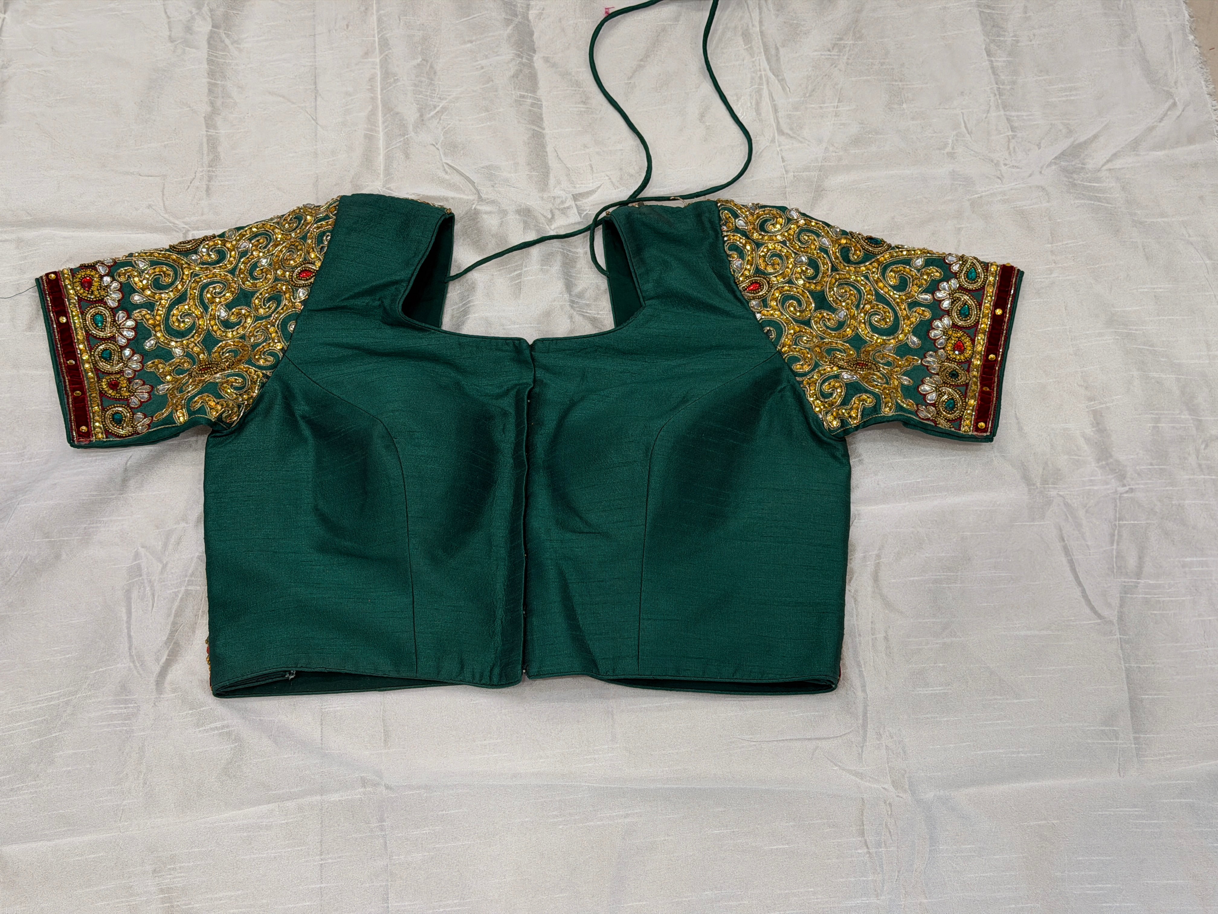 Green Hand Embroidery Stitched Blouse Piece