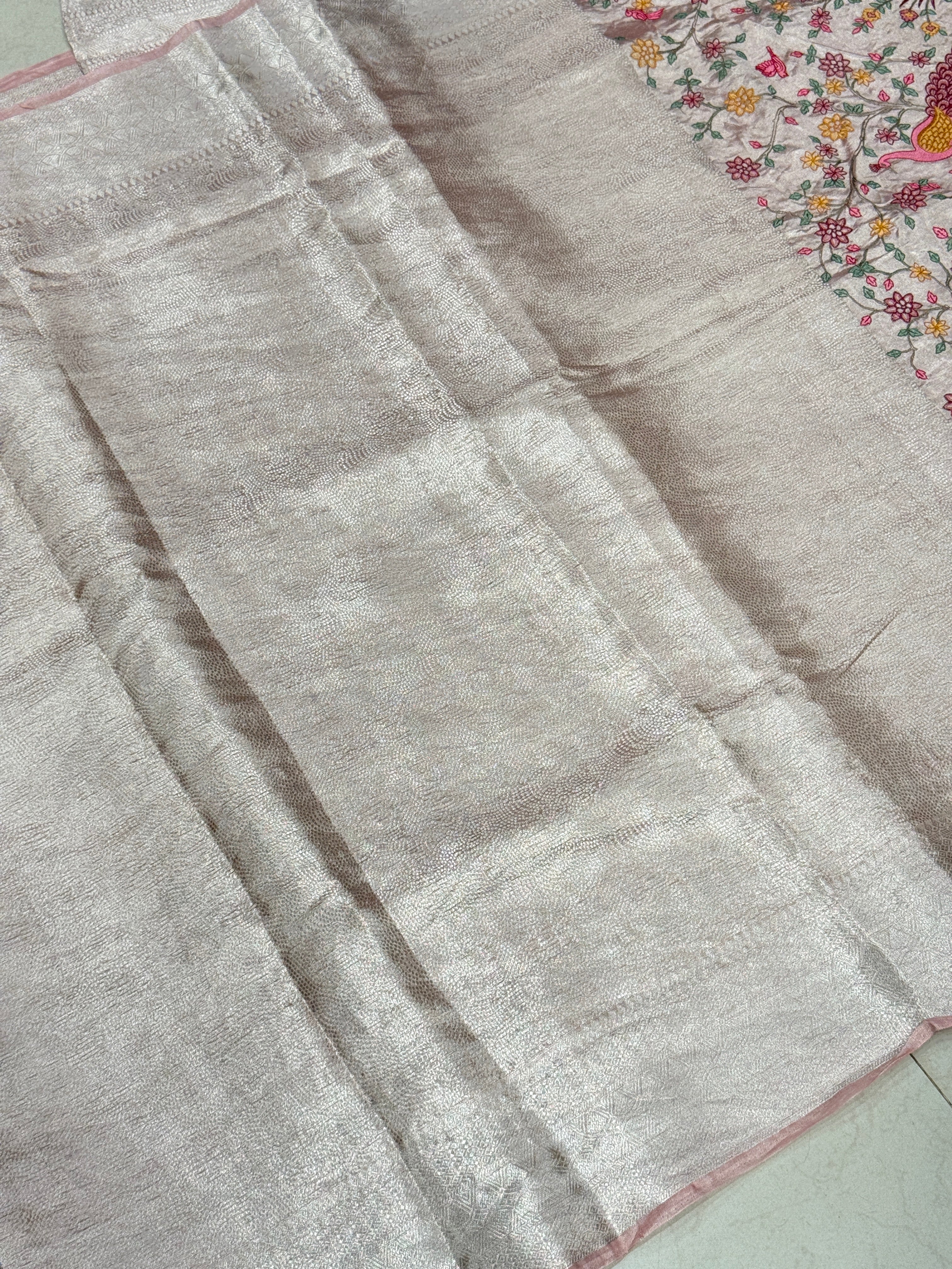 Crimson Silver Handloom Tissue Peacock Contemporary Resham Embroidery Saree