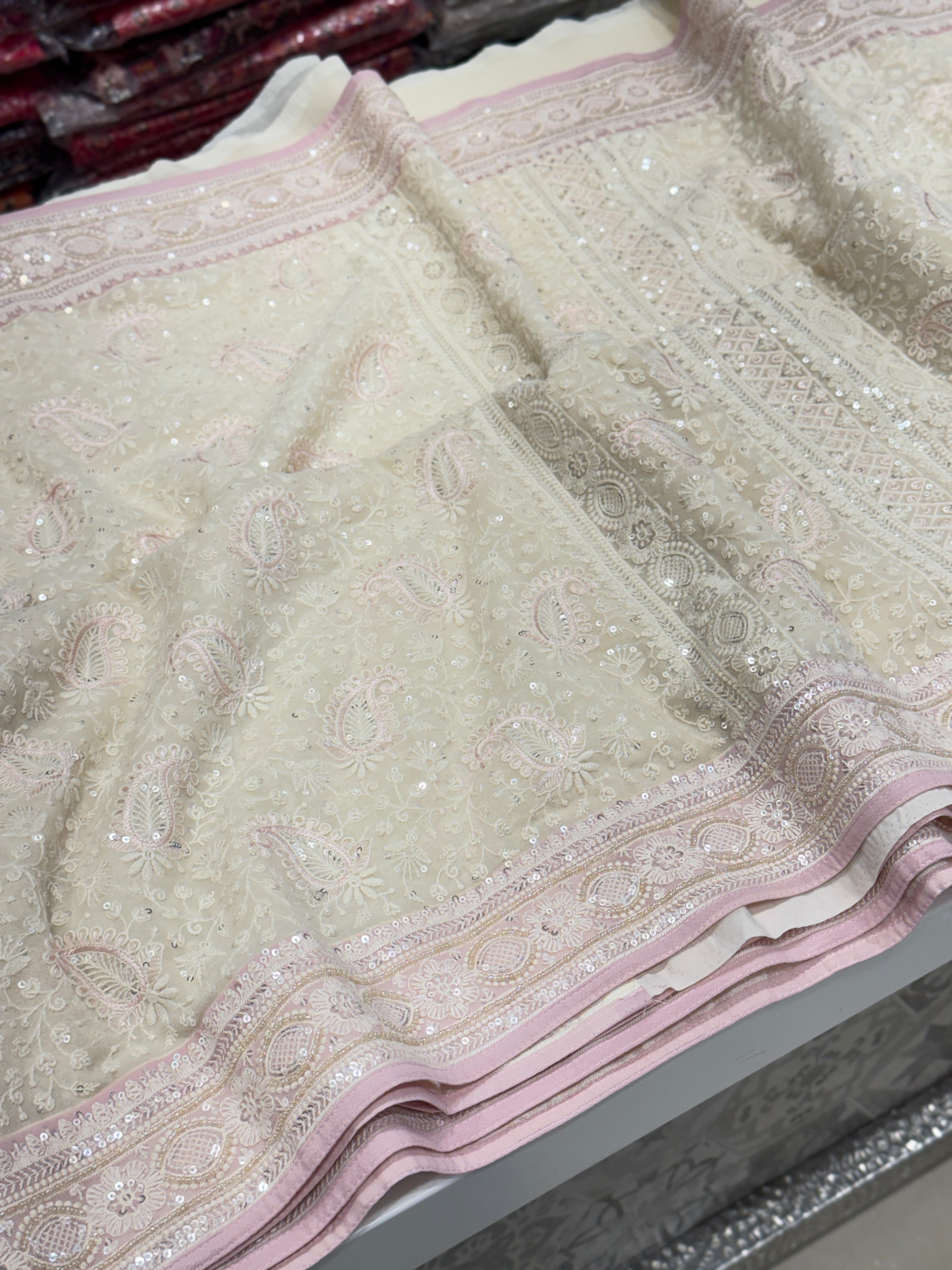 White Pink Chikankari Saree Floral Design with Moti Embroidery