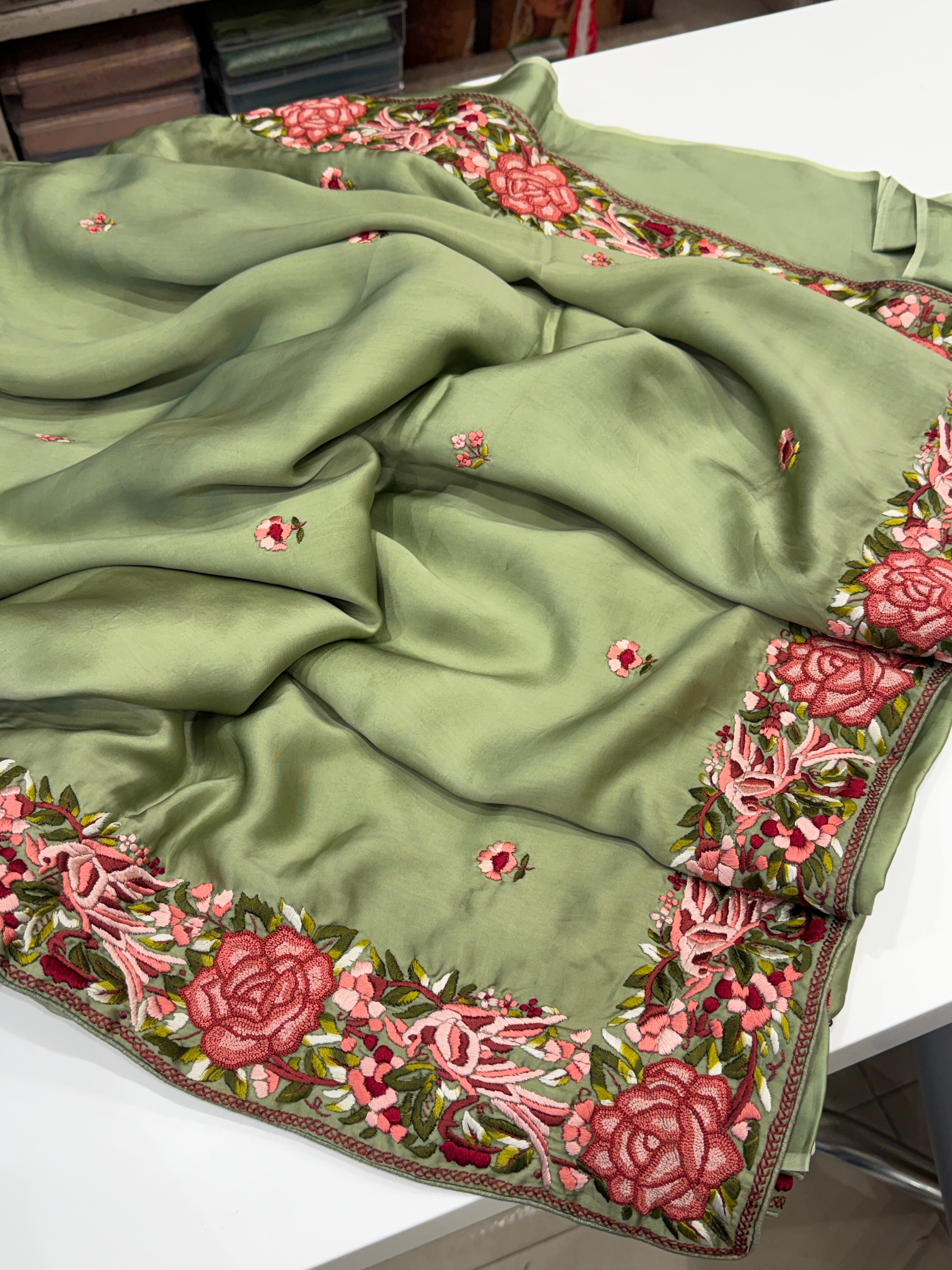 Pista Green Satin Parsi Gara Hand Embroidery Border Saree