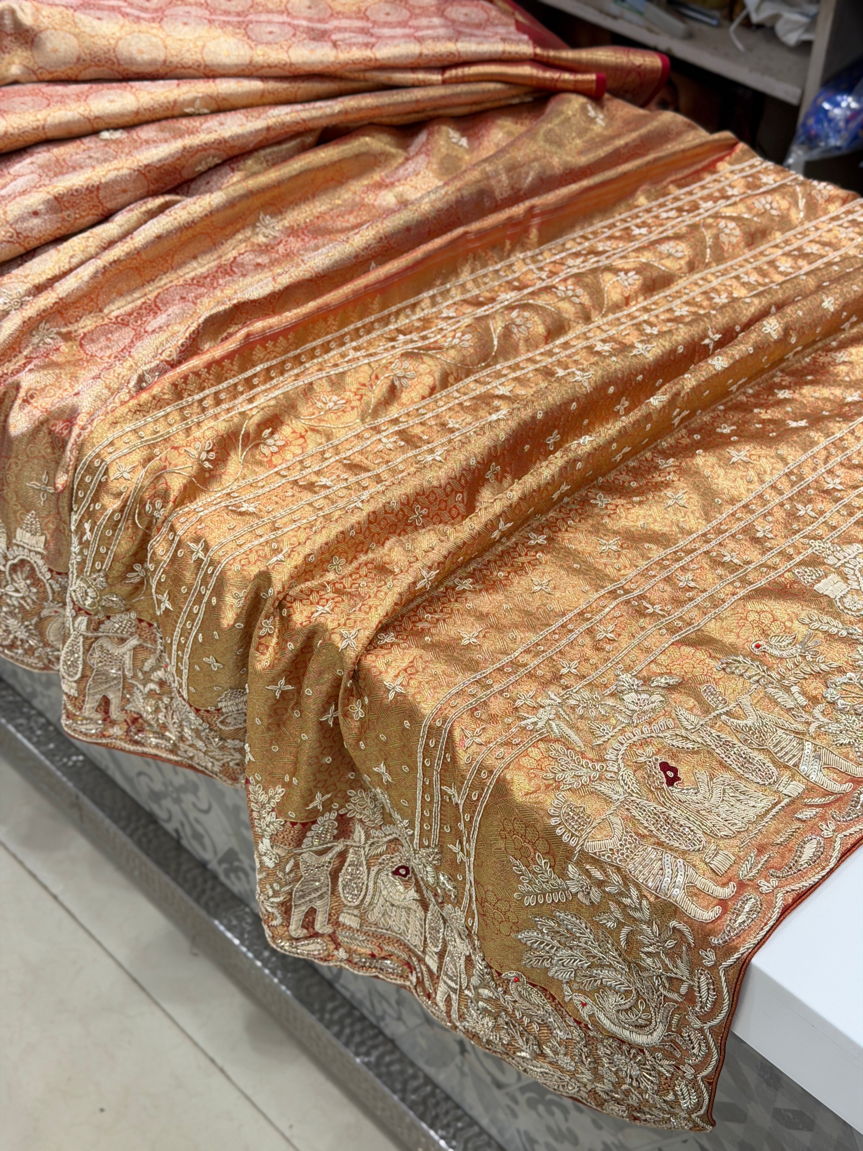 Red Tissue Kanjivaram Zardosi Doli Hand Embroidery Saree