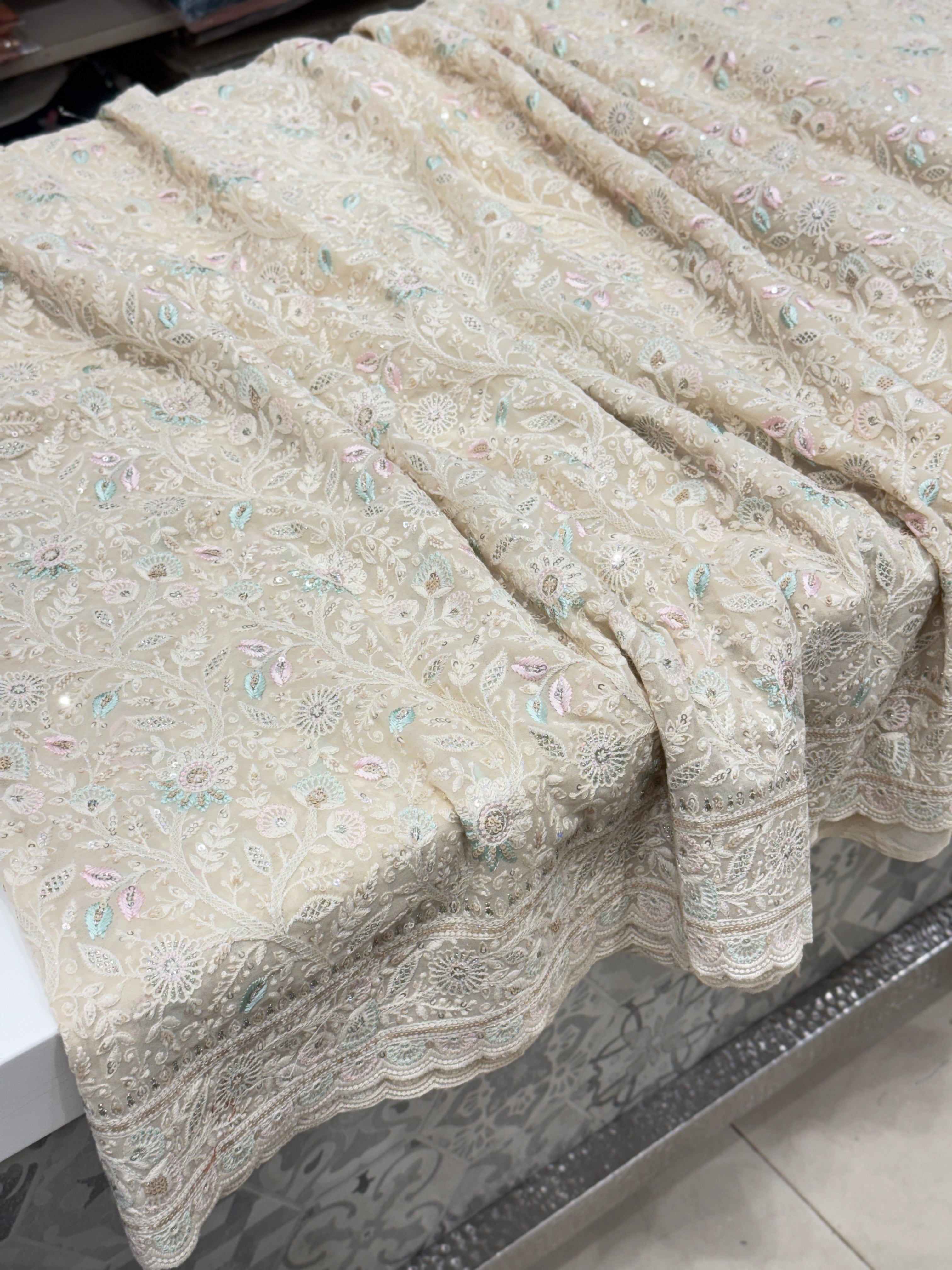 Moti White Meenakari Chikankari Scallop Design Saree