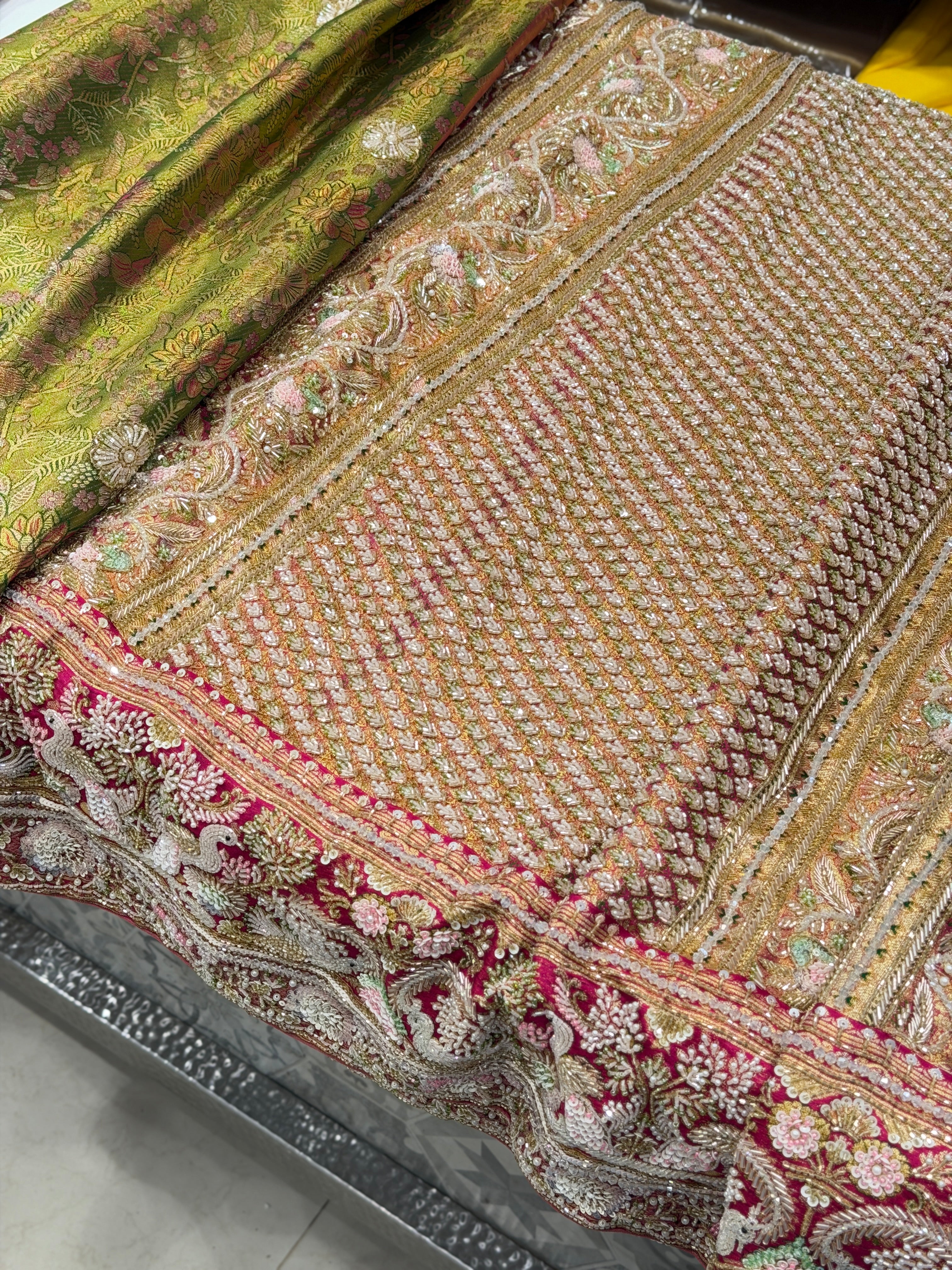 Green Contrast Meenakari Tissue Kanjivaram Zardosi Hand Embroidery Saree