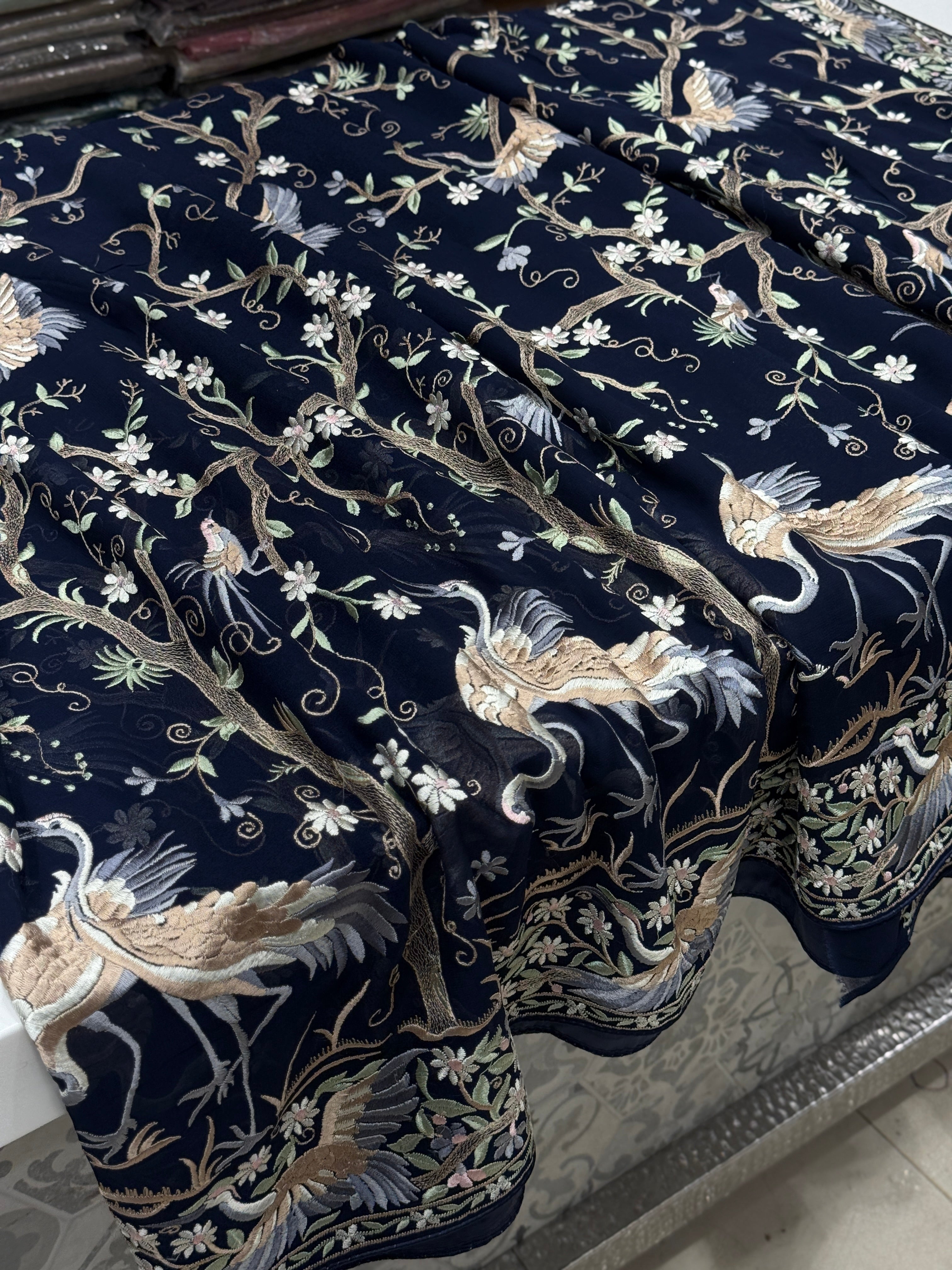 Blue Tree Of Life Flamingo Parsi Gara Saree