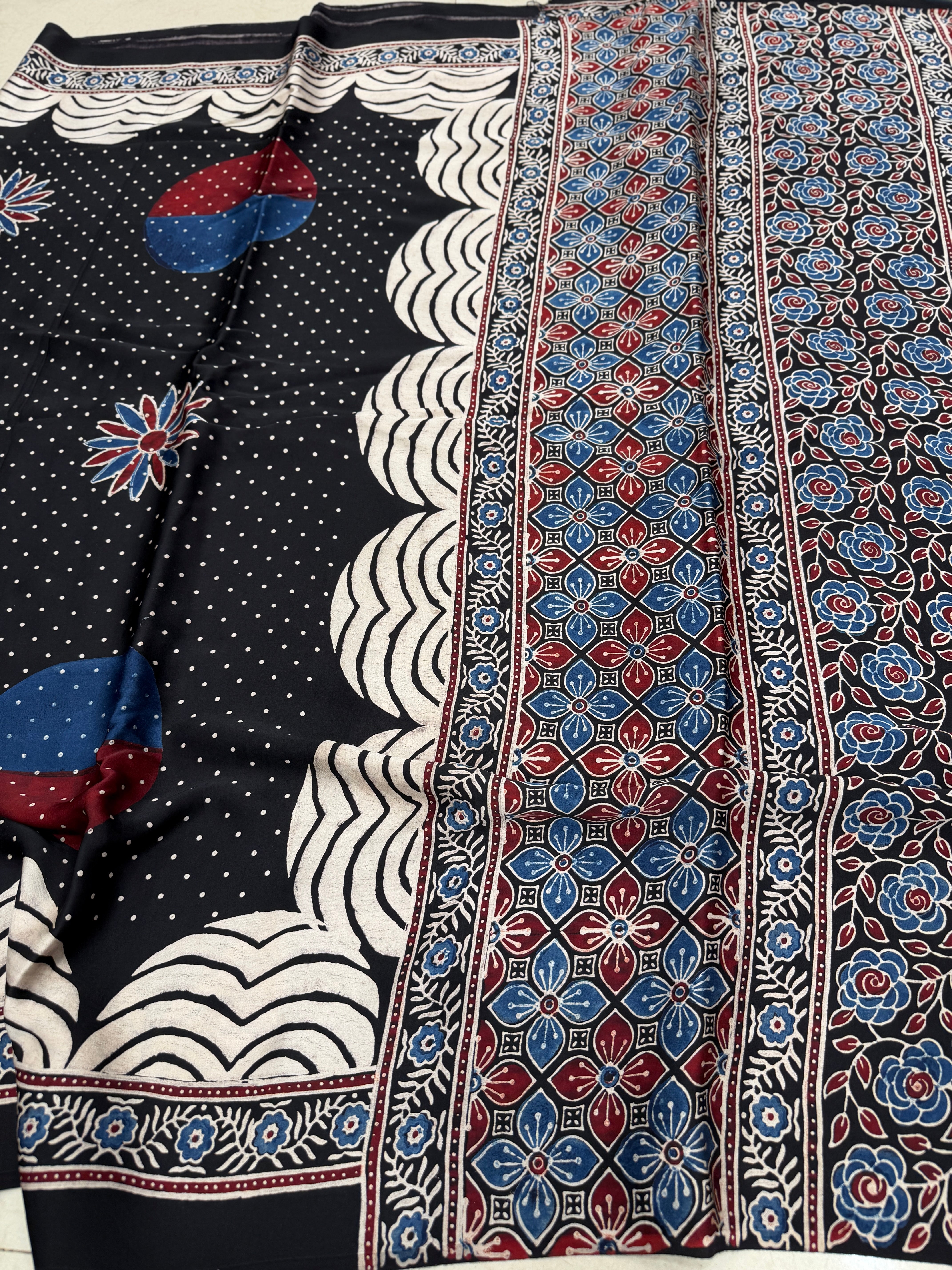 Black Sprinkled Dotts Ajrakh Hand Block Print Pure Modal Silk Saree