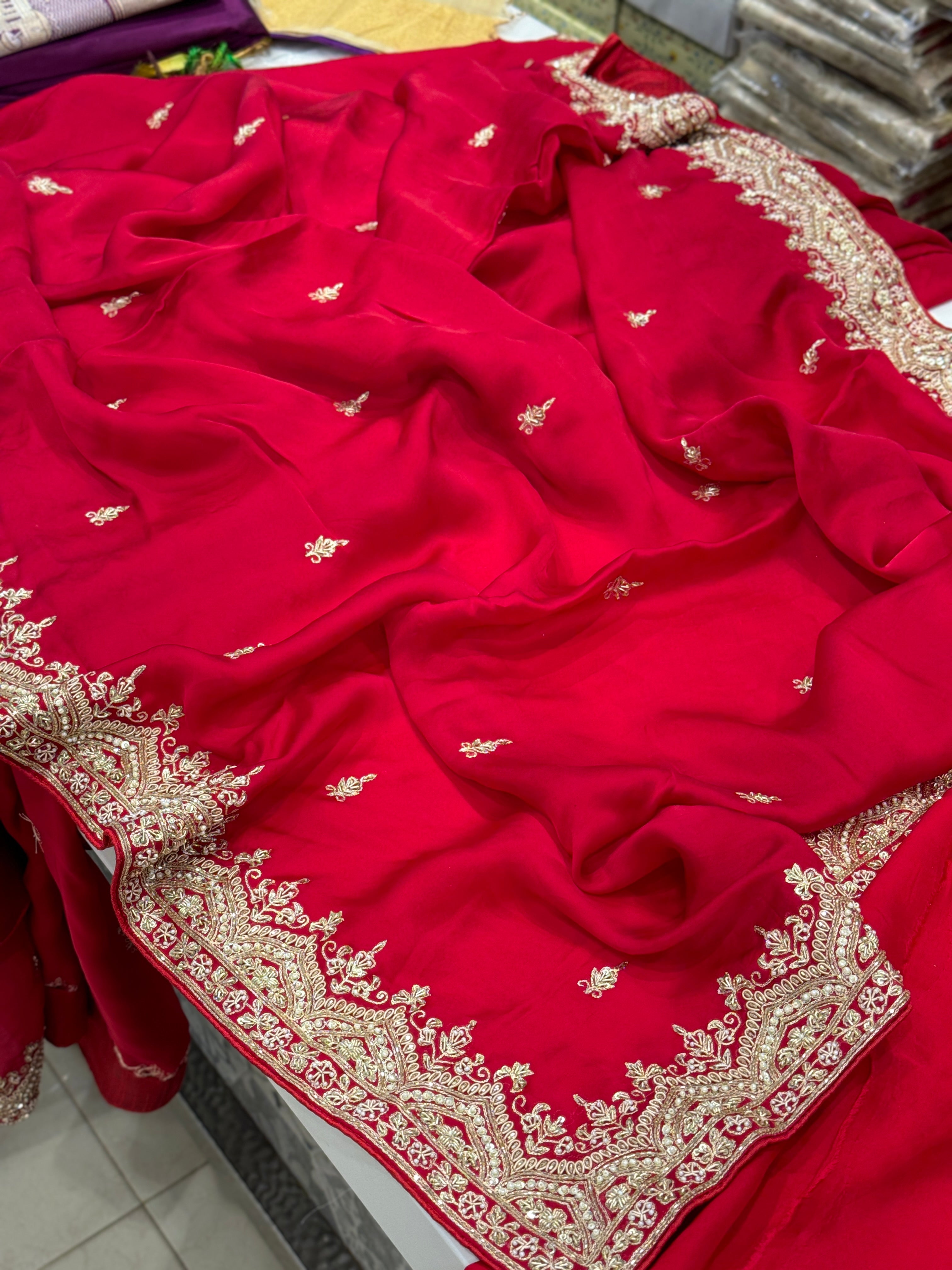 Red Satin Silk Zardosi Border Saree
