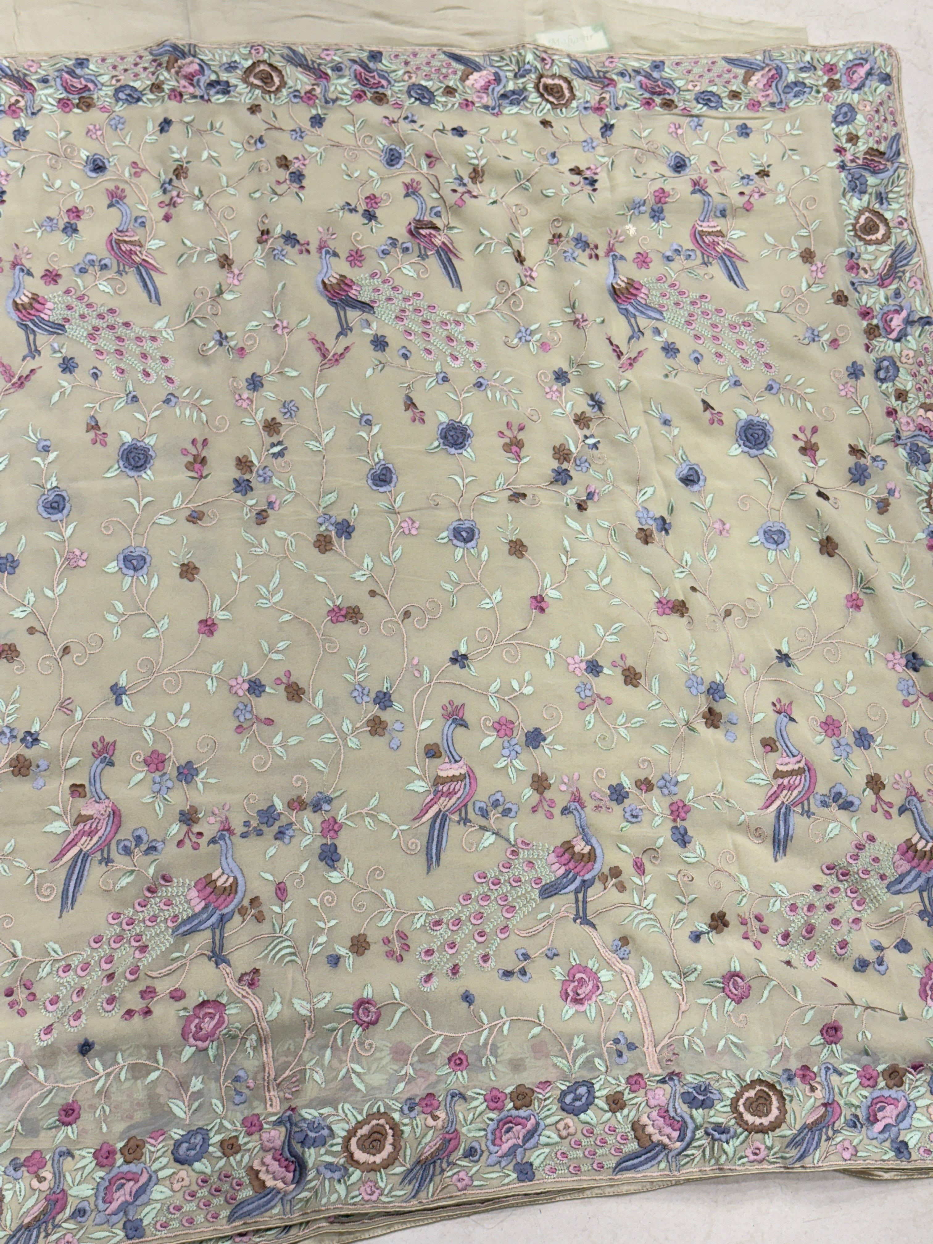 Beige Georgette Parsi Gara Peacock Design Saree