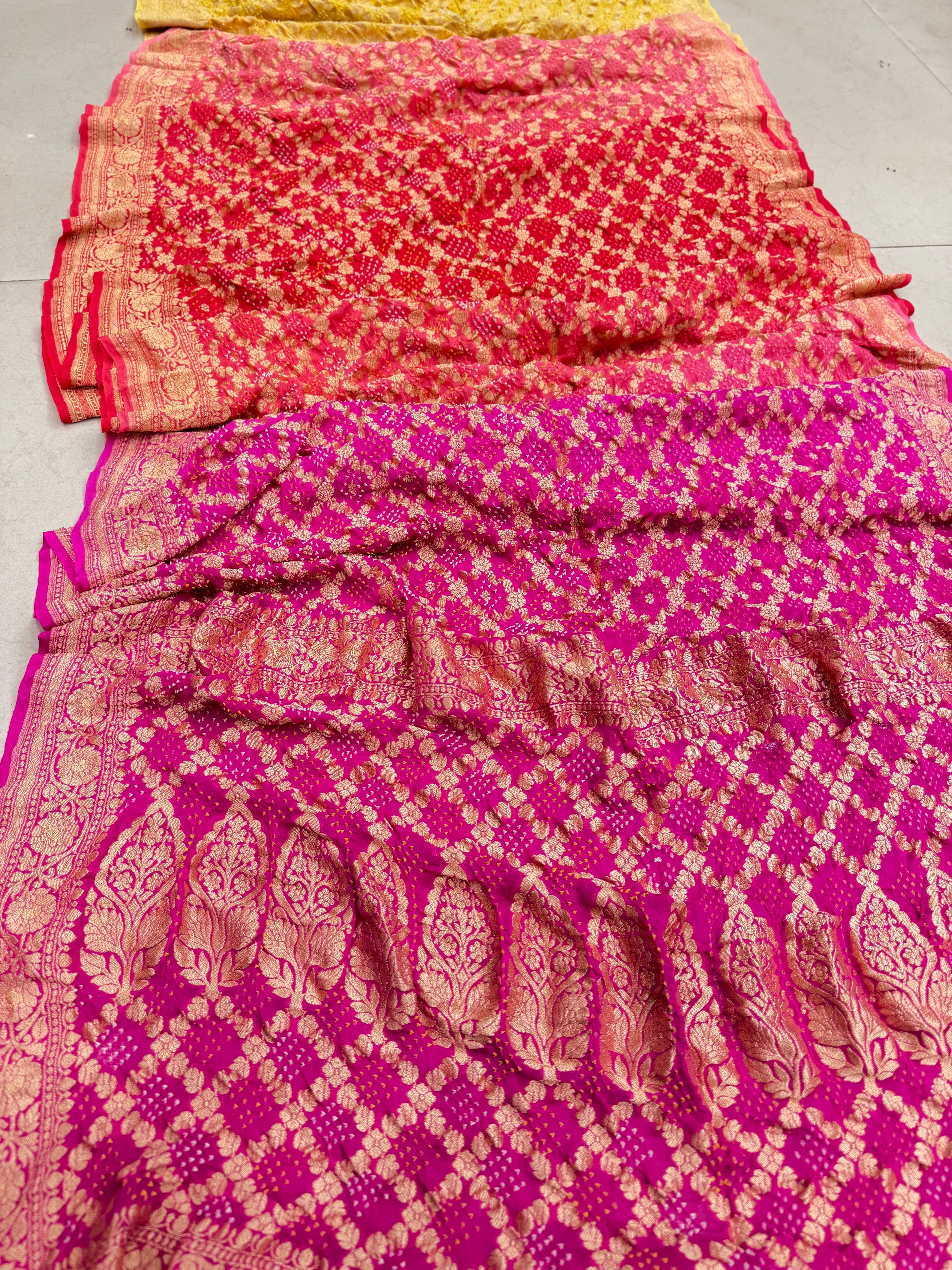 Six Shaded Butti Jaal Bandhej Bandhini Saree