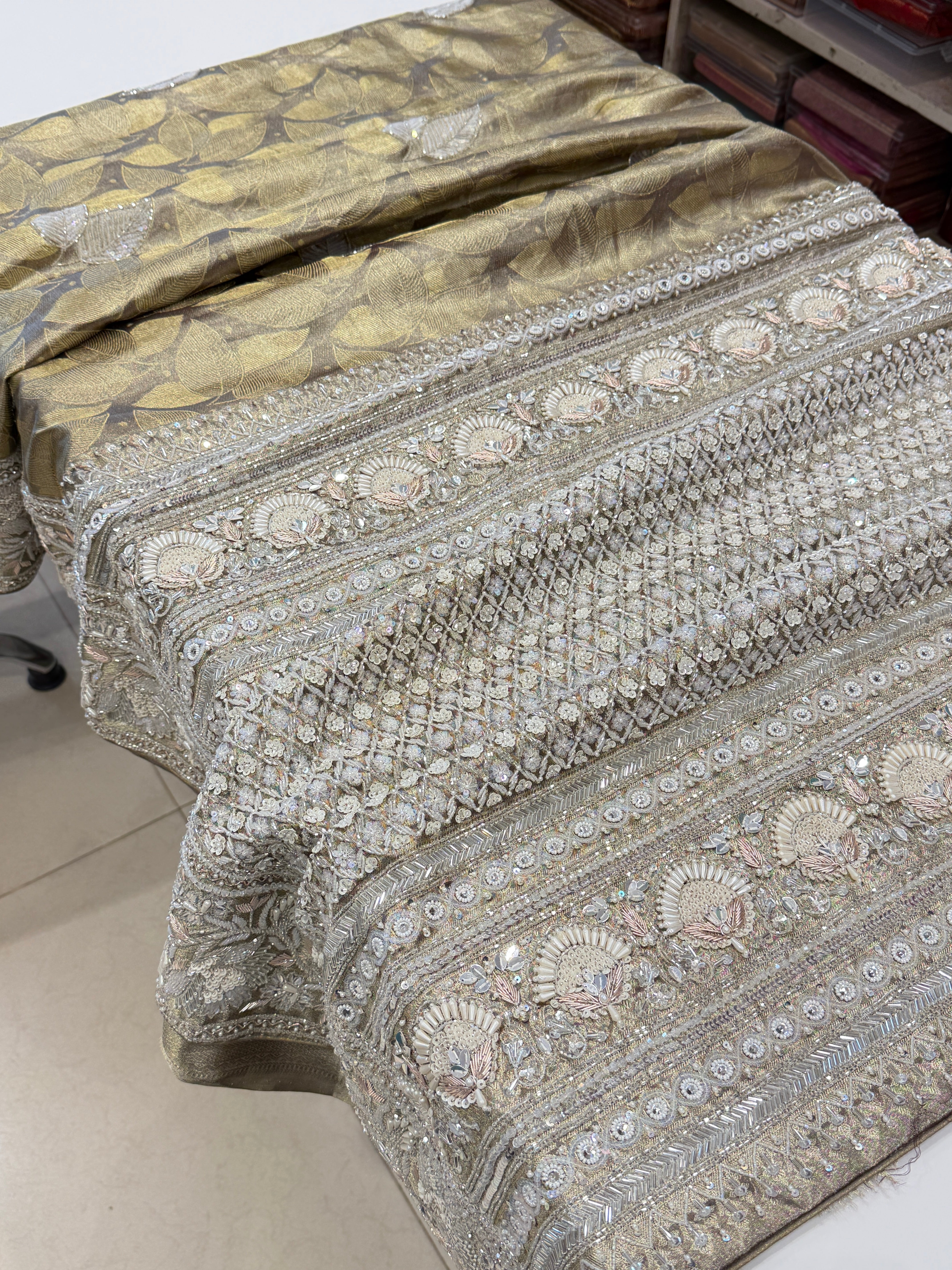 Champagne Contemporary Kanjivaram Hand Embroidery Zardosi Saree