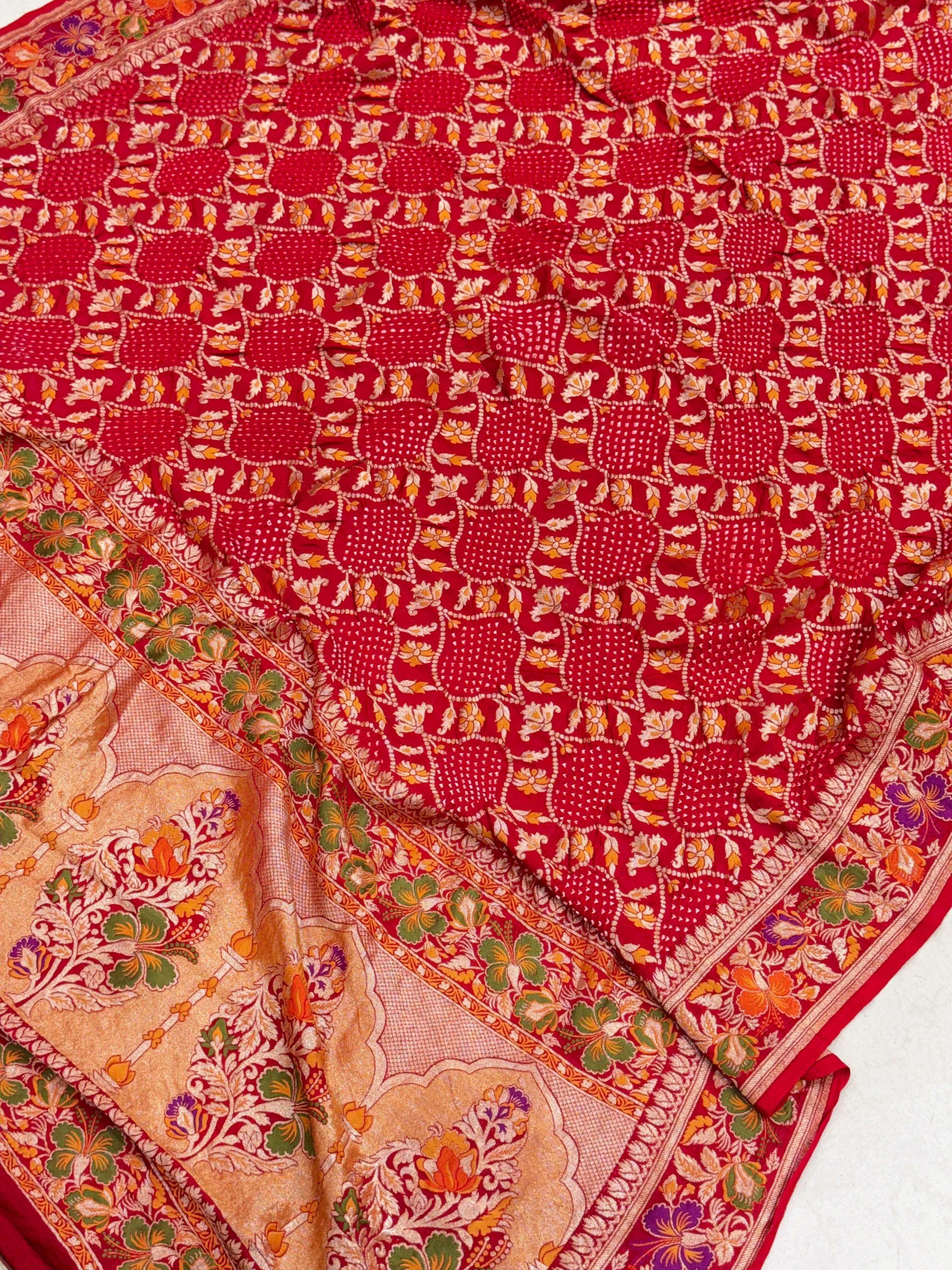 Red Handloom Meenakari Rai Bandhej Pure Zari Dupatta