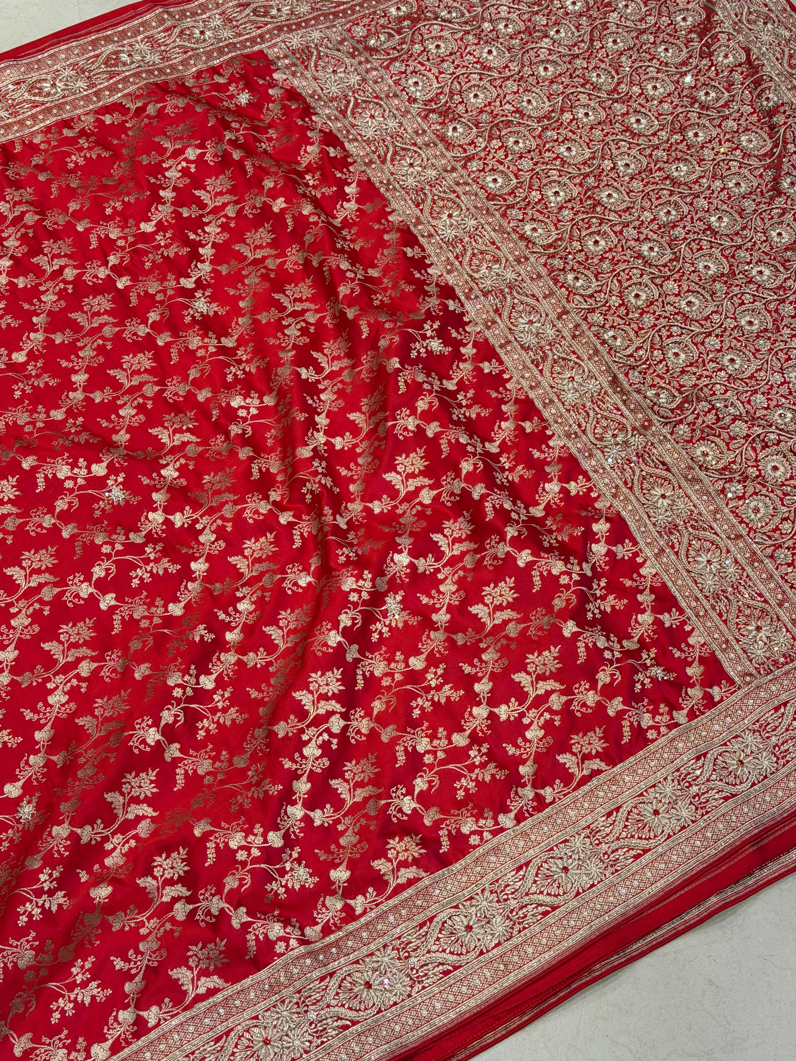 Red Banarasi Periwinkle Jaal Zardosi Crystal Hand Embroidery Saree