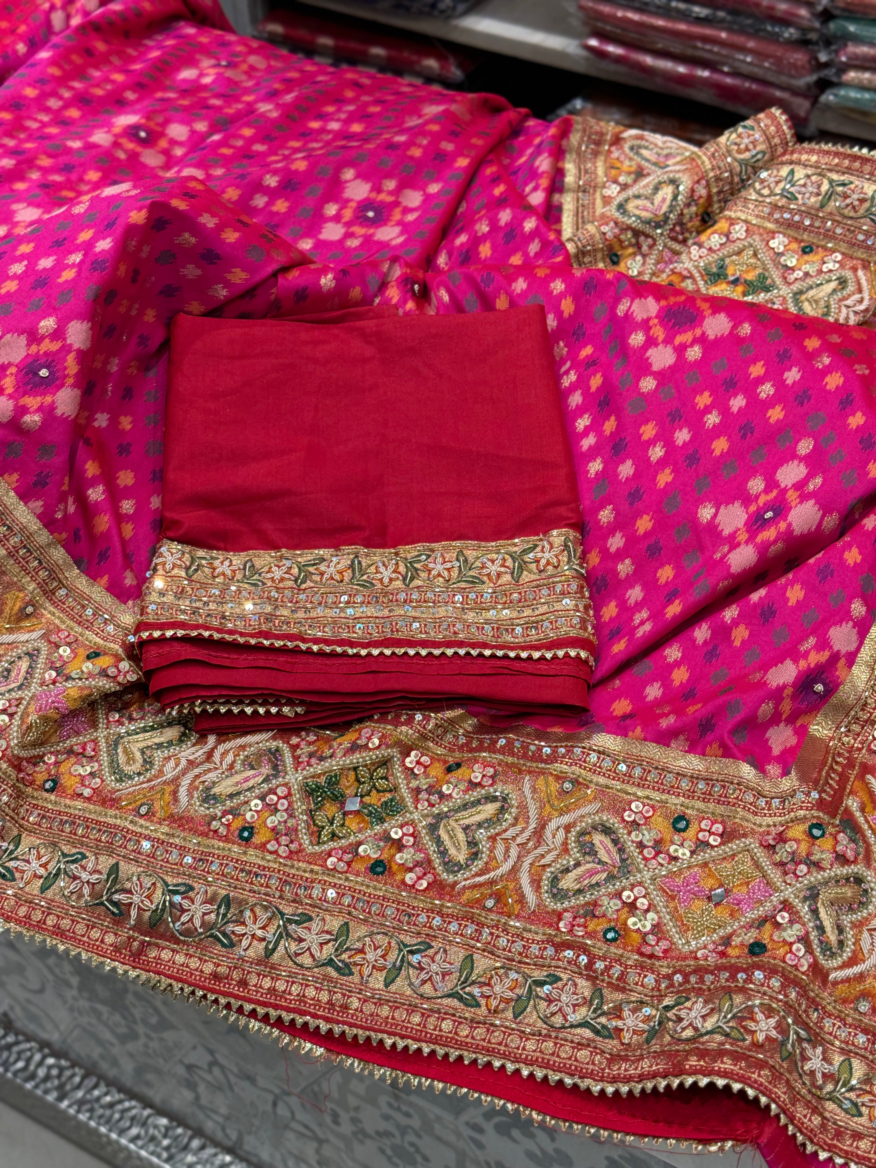 Rani Banarasi Patola Moti Zardosi Hand Embroidery Saree