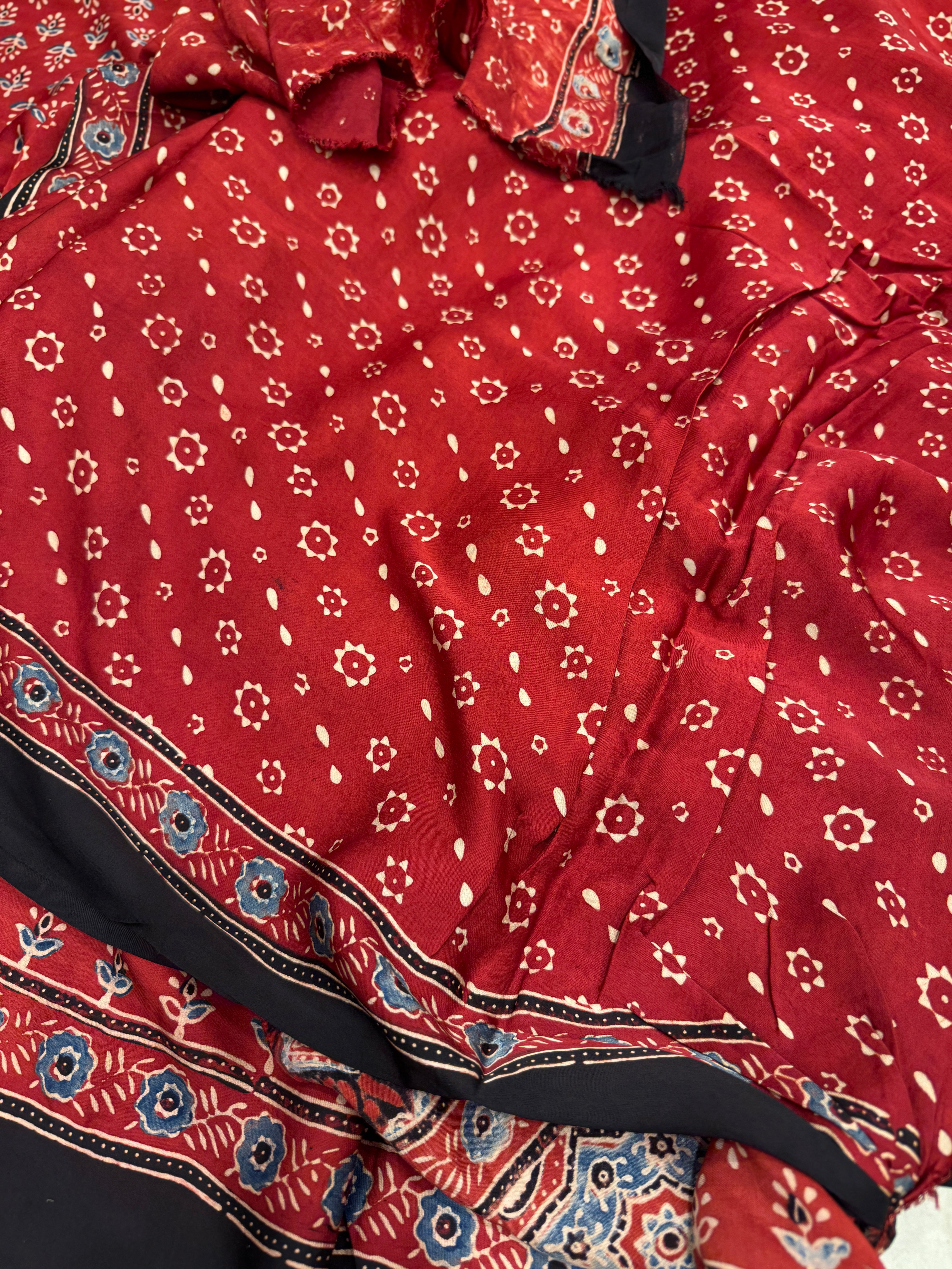 Red Buttis Ajrakh Saree Modal Gajji Silk Hand Block Print