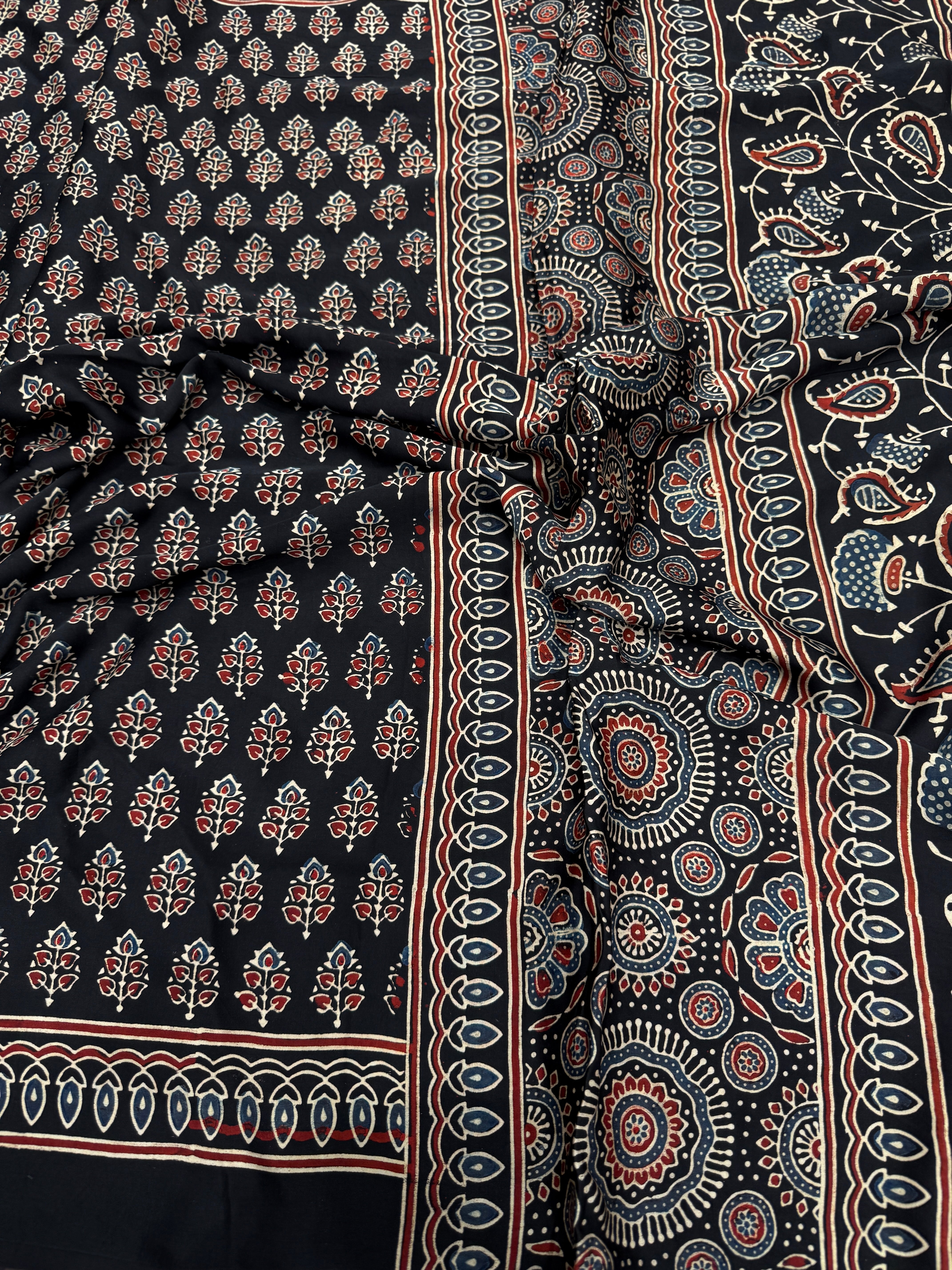 Black Keri Buttis Ajrakh Block Print Hand Pure Gajji Silk Saree