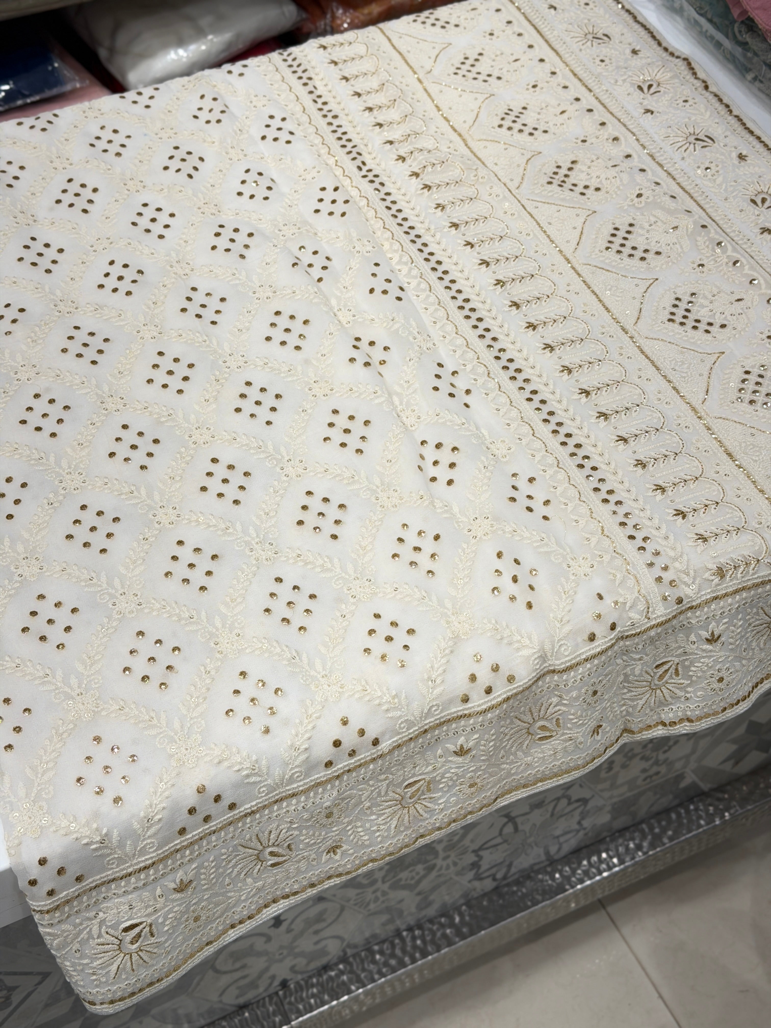 Moti White Georgette Badla Embroidery Chikankari Resham Saree