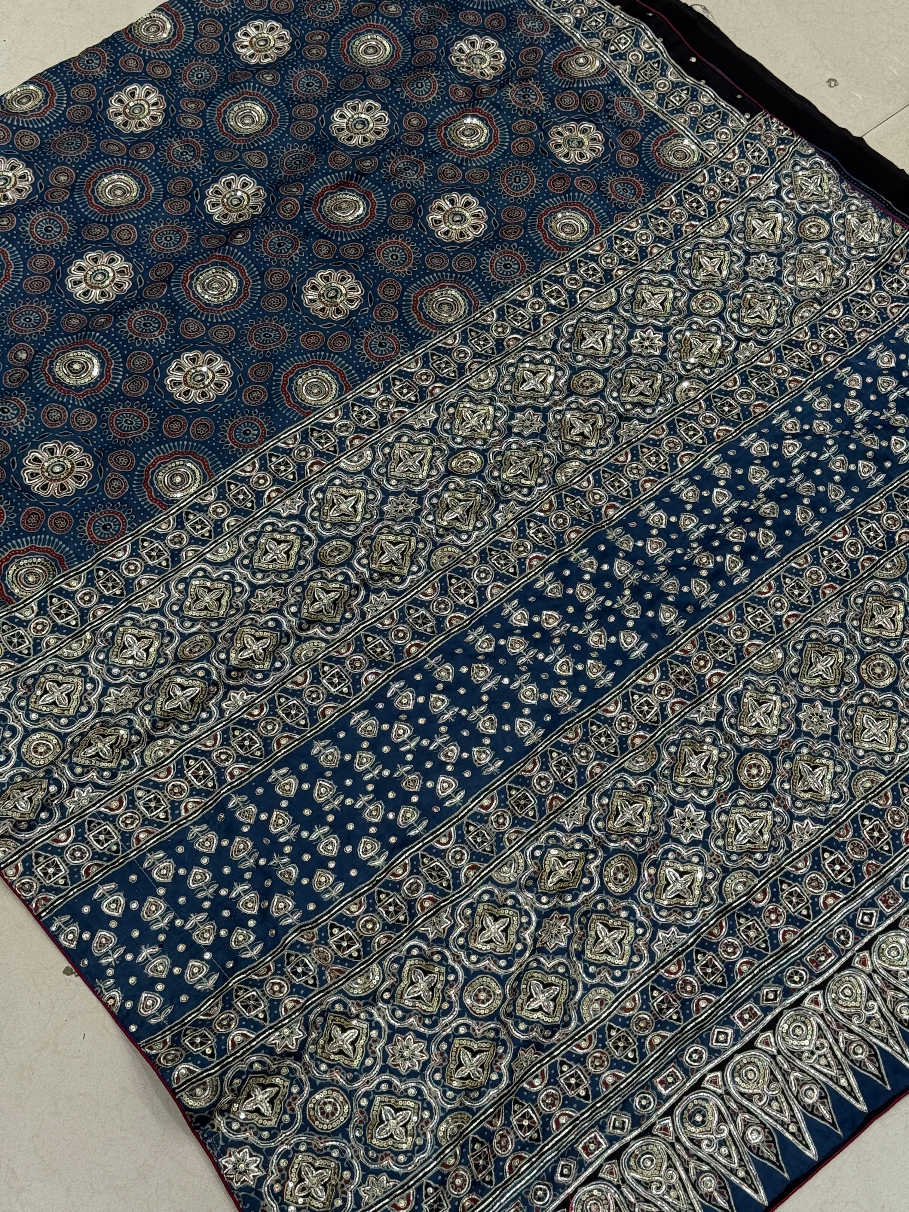 Blue Ajrakh Badam Buttas Pita Sequin Moti Hand Embroidery Saree