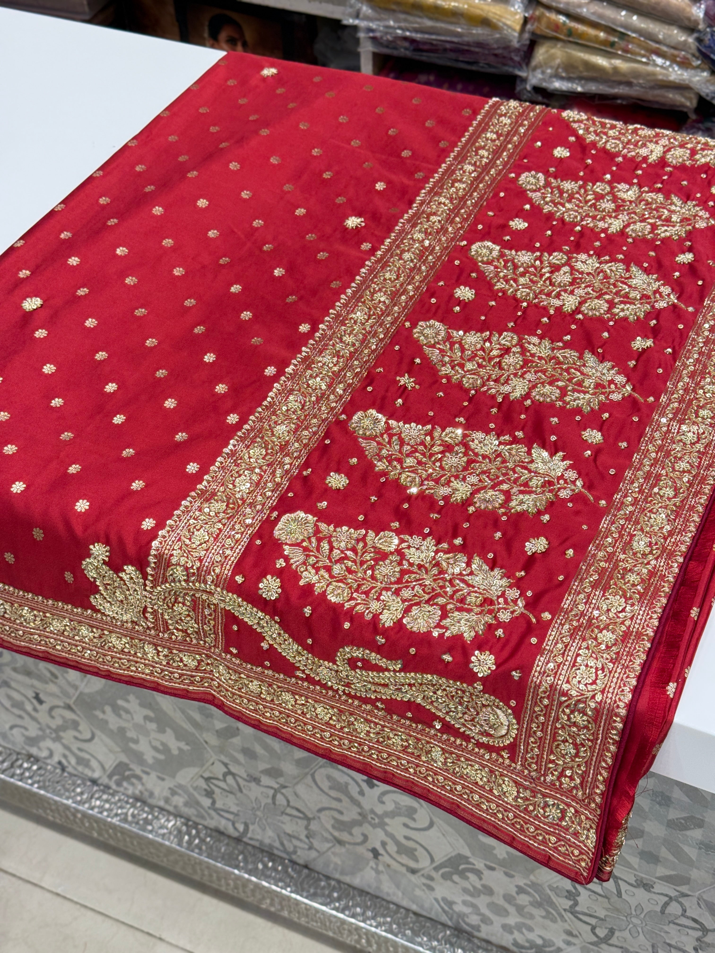 Maroon Banarasi Star Butti Hand Done Zardozi Saree