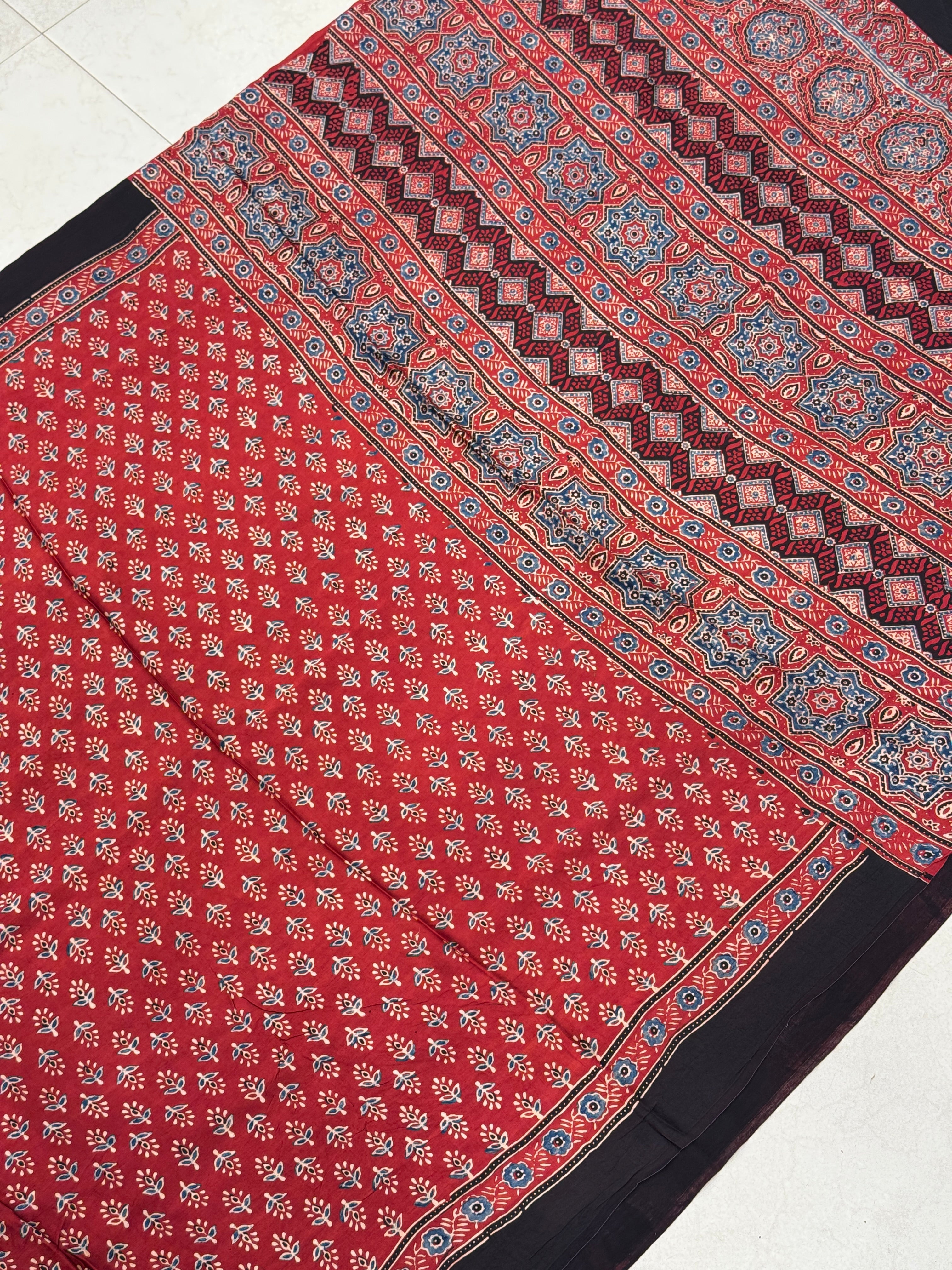 Red Buttis Ajrakh Saree Modal Gajji Silk Hand Block Print